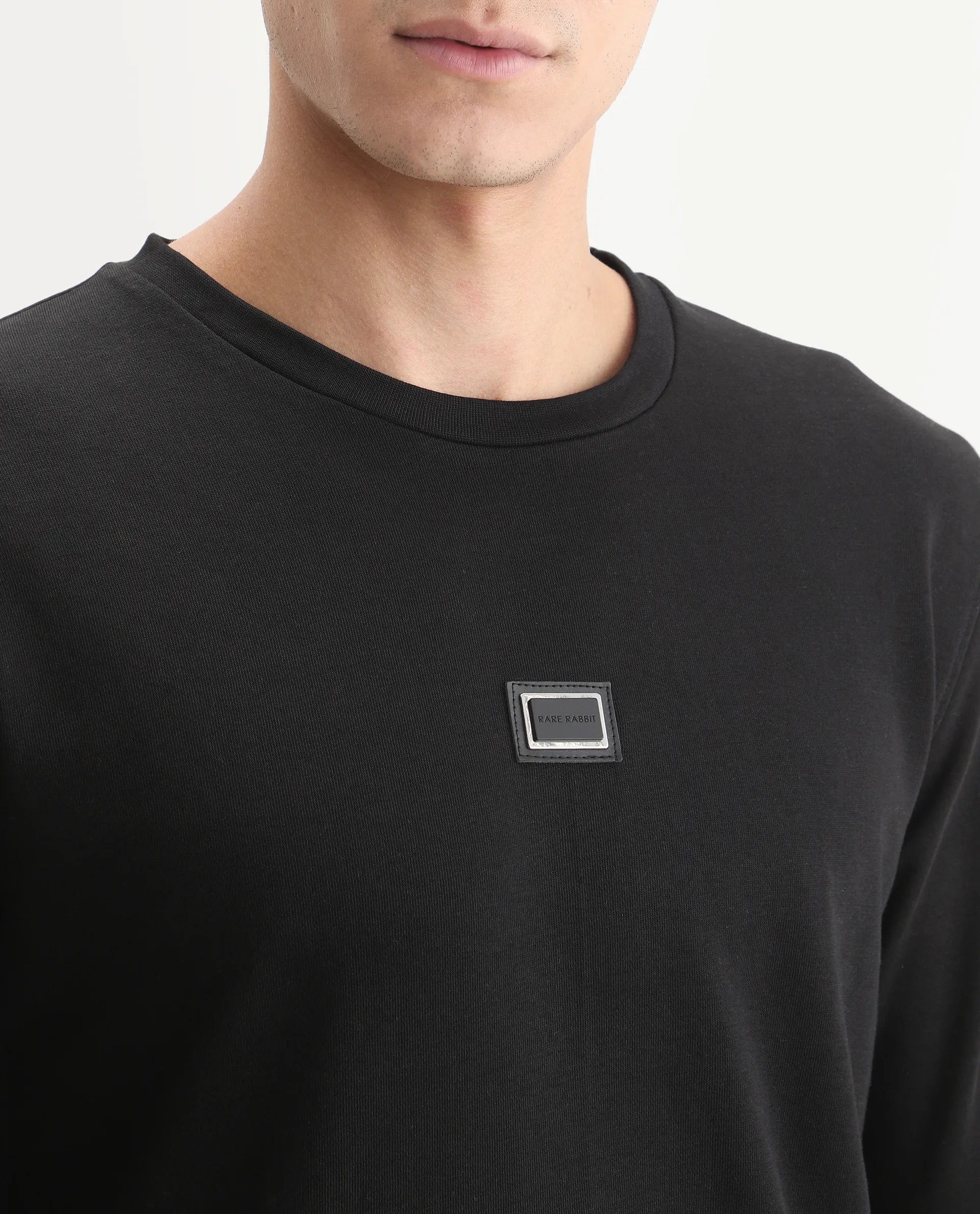 Rare Rabbit Men's Glitch Black Cotton Plain Regular Fit Full Sleeve Crew Neck Sweatshirt