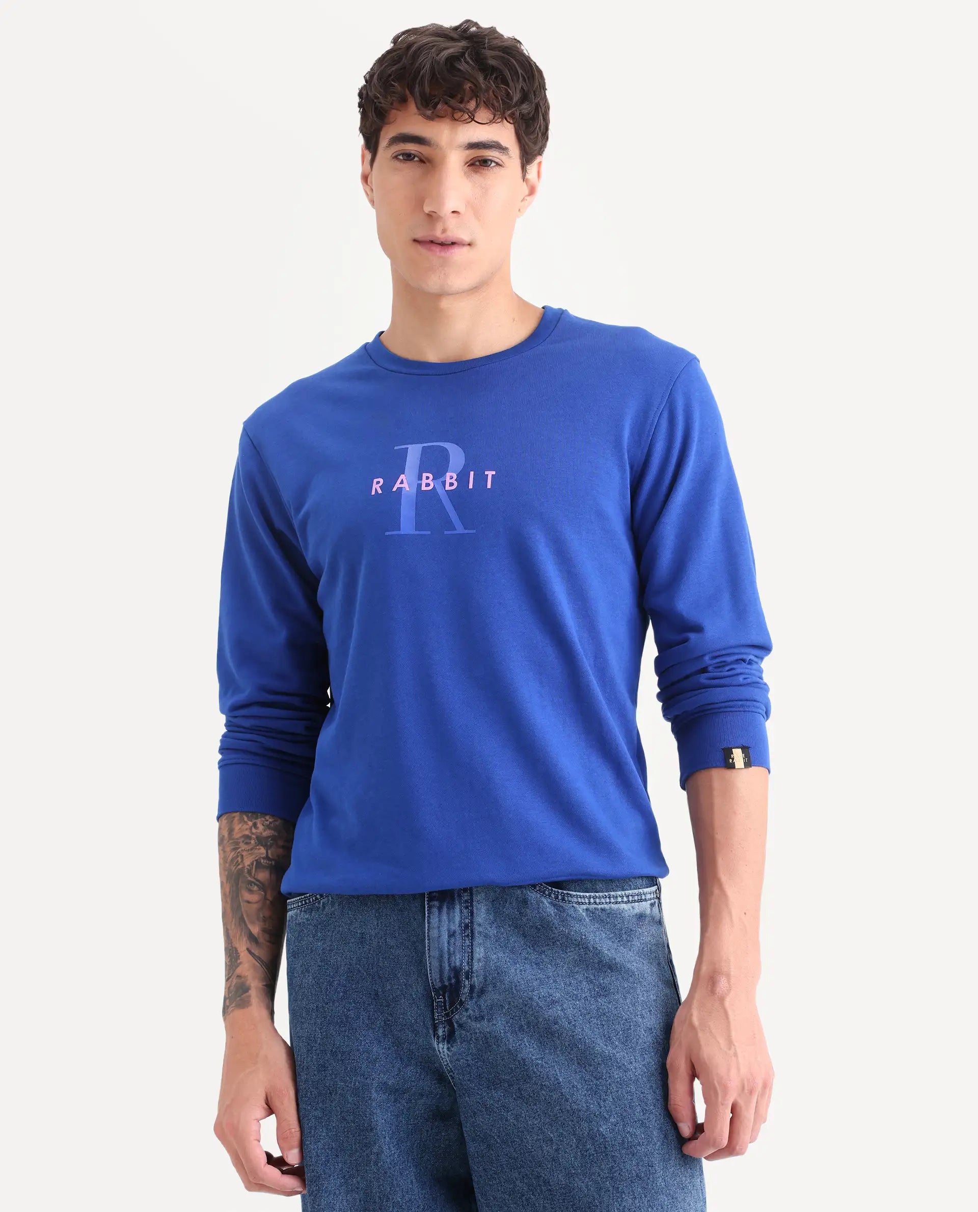 Rare Rabbit Men's Brewet Flouroscent Blue Cotton Graphic Print Regular Fit Full Sleeve Crew Neck Sweatshirt