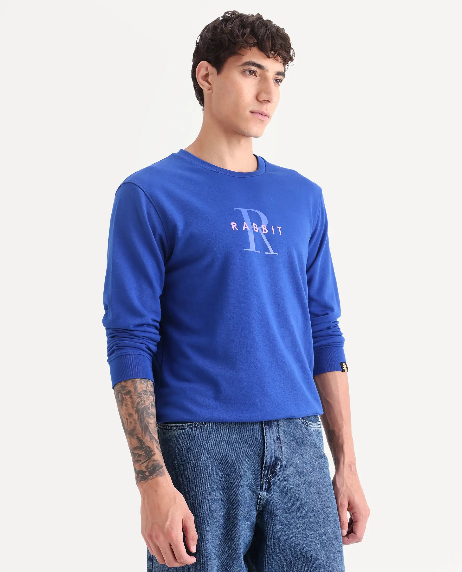 Rare Rabbit Men's Brewet Flouroscent Blue Cotton Graphic Print Regular Fit Full Sleeve Crew Neck Sweatshirt
