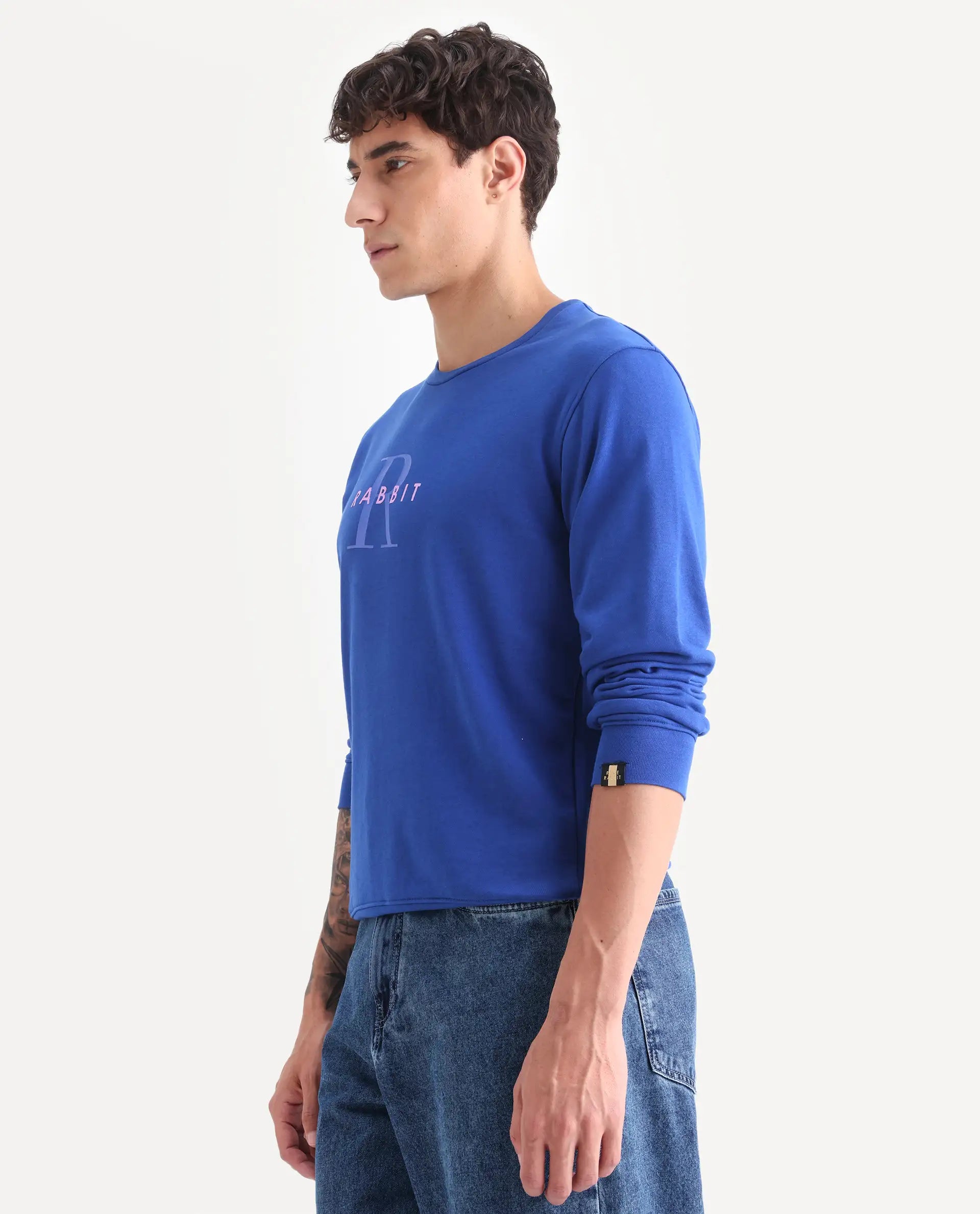 Rare Rabbit Men's Brewet Flouroscent Blue Cotton Graphic Print Regular Fit Full Sleeve Crew Neck Sweatshirt