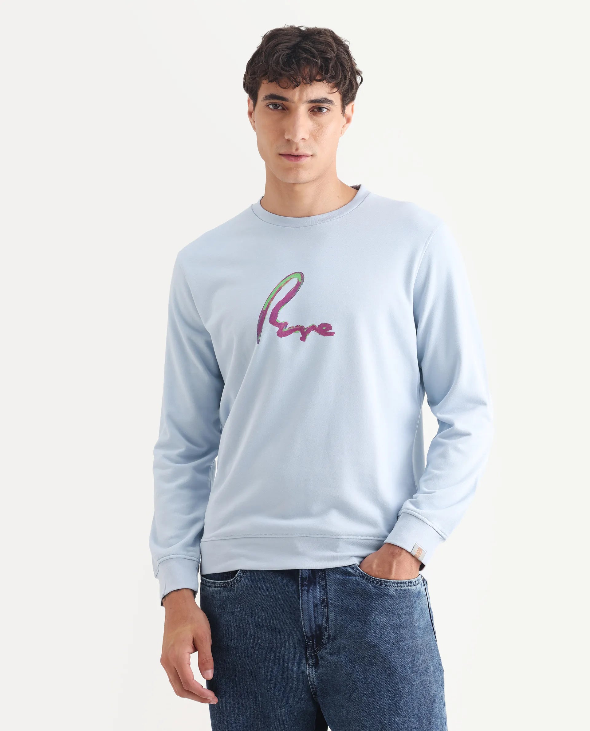 Rare Rabbit Men's Toon Light Blue Cotton Graphic Print Regular Fit Full Sleeve Crew Neck Sweatshirt