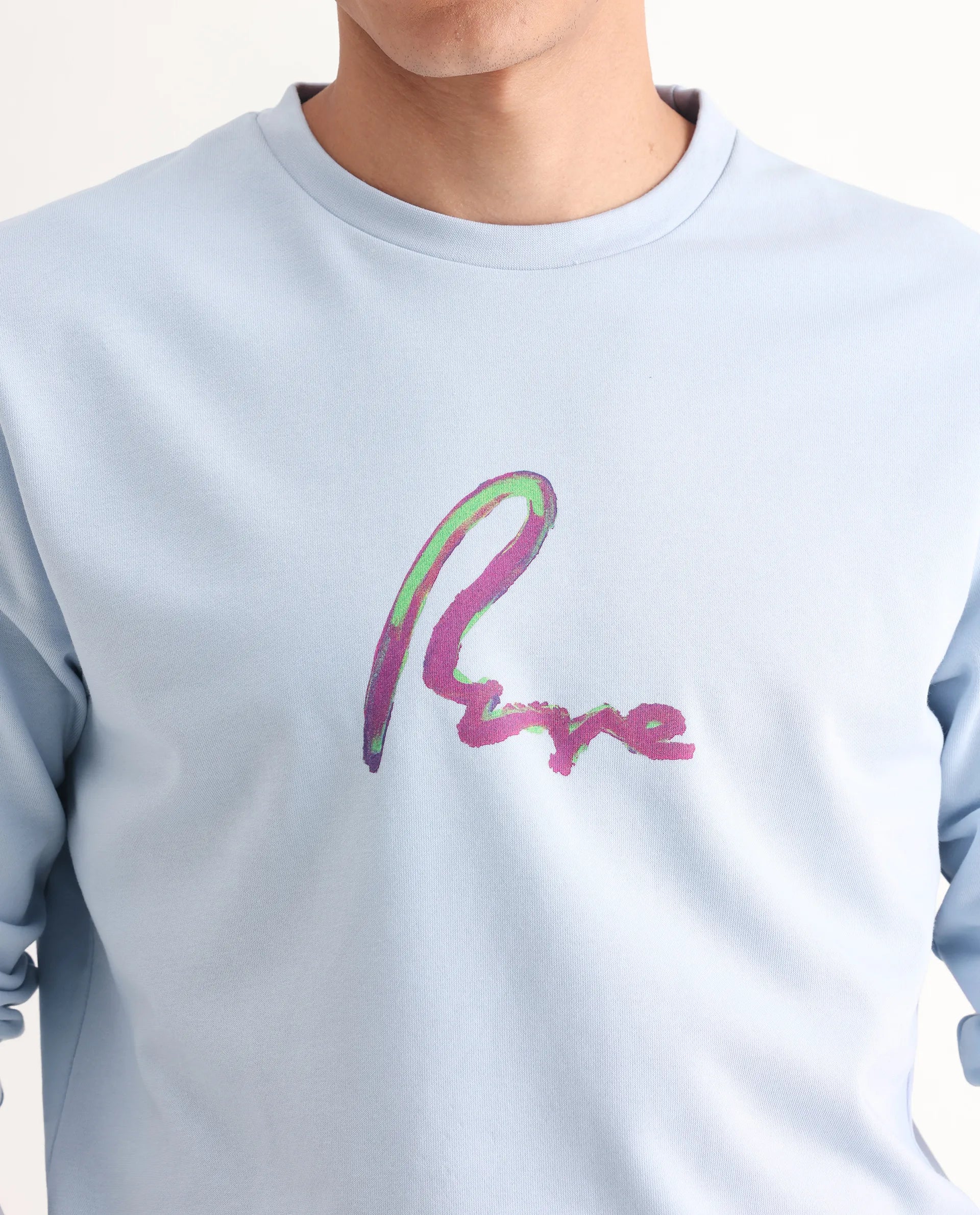 Rare Rabbit Men's Toon Light Blue Cotton Graphic Print Regular Fit Full Sleeve Crew Neck Sweatshirt