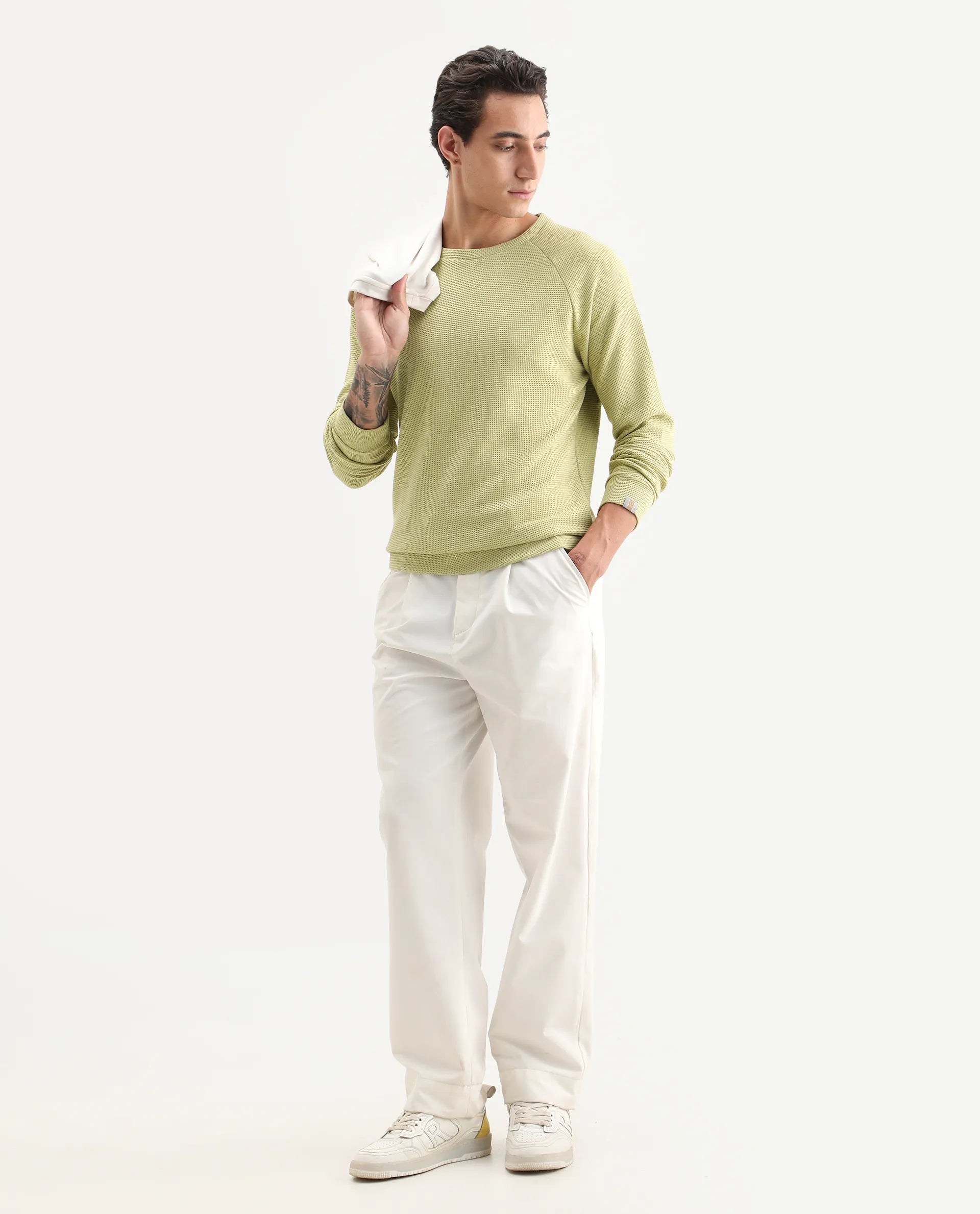 Rare Rabbit Men's Sven Pastel Green Cotton Plain Regular Fit Full Sleeve Crew Neck Sweatshirt