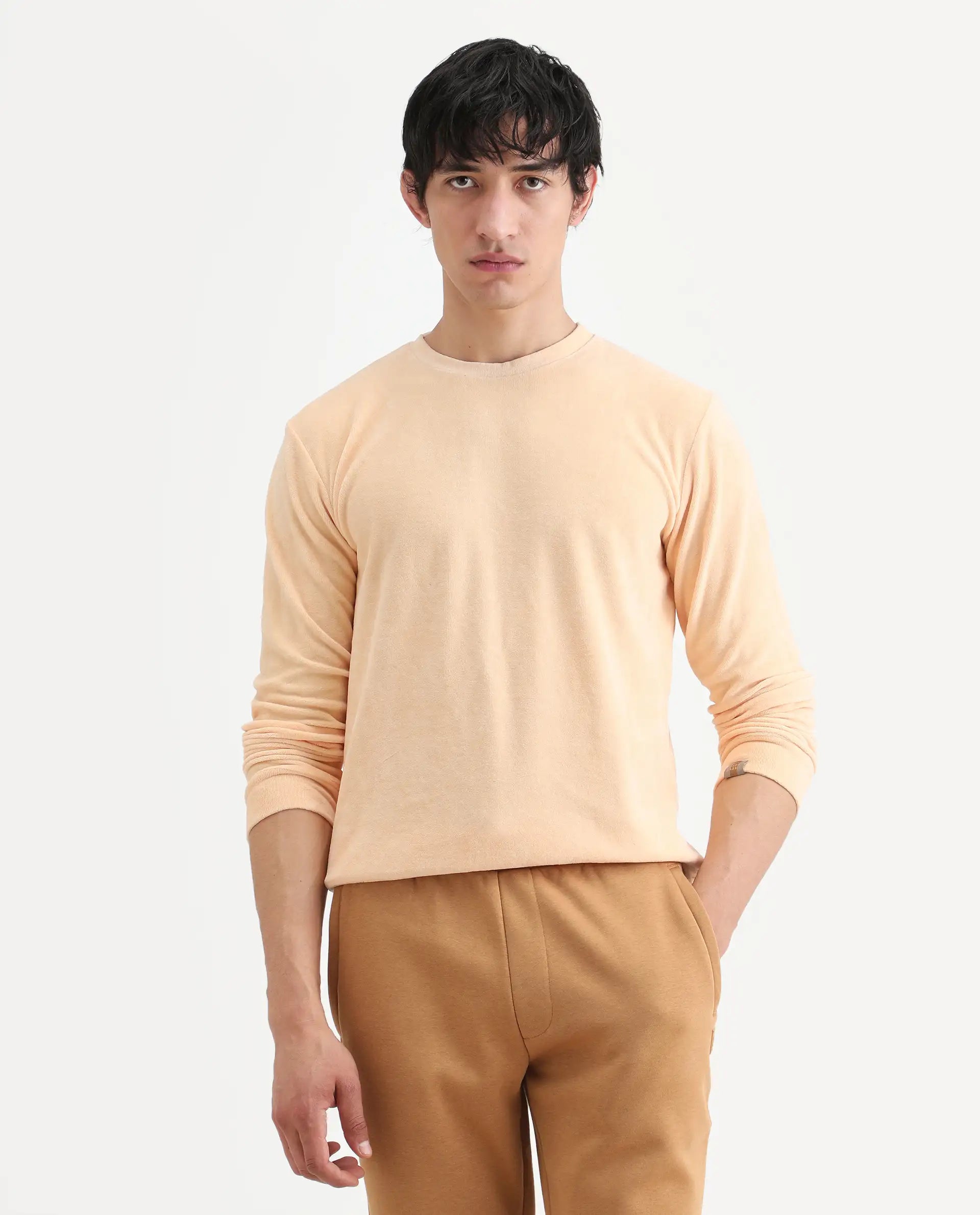 Rare Rabbit Men's Dube Yellow Cotton Plain Relaxed Fit Full Sleeve Crew Neck Sweatshirt