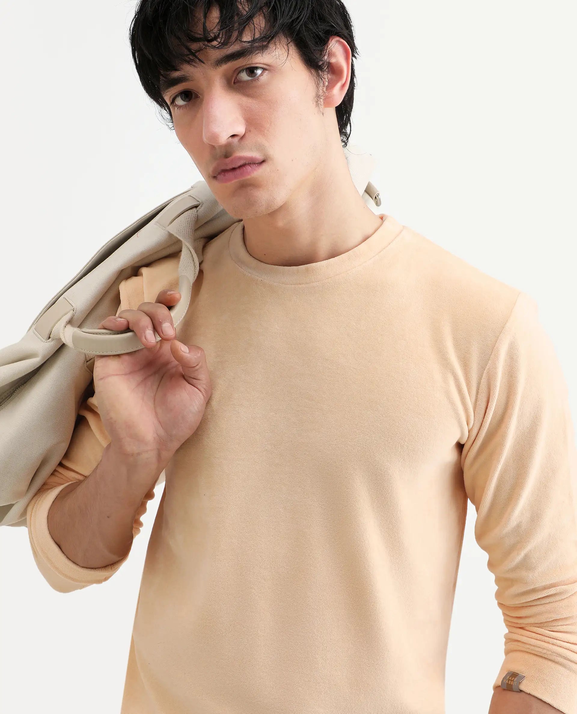 Rare Rabbit Men's Dube Yellow Cotton Plain Relaxed Fit Full Sleeve Crew Neck Sweatshirt