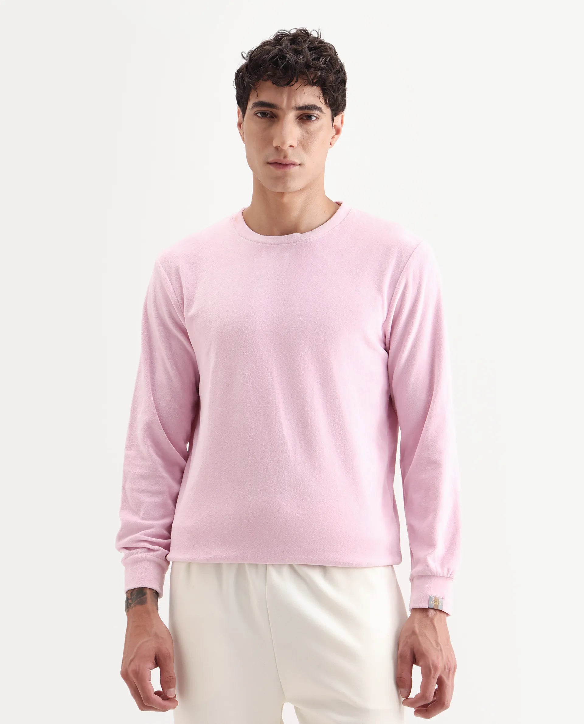 Rare Rabbit Men's Dube Pink Velvet Plain Relaxed Fit Full Sleeve Crew Neck Sweatshirt