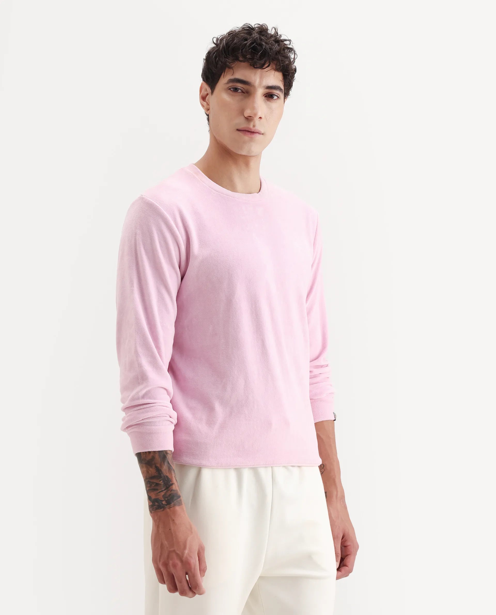 Rare Rabbit Men's Dube Pink Velvet Plain Relaxed Fit Full Sleeve Crew Neck Sweatshirt