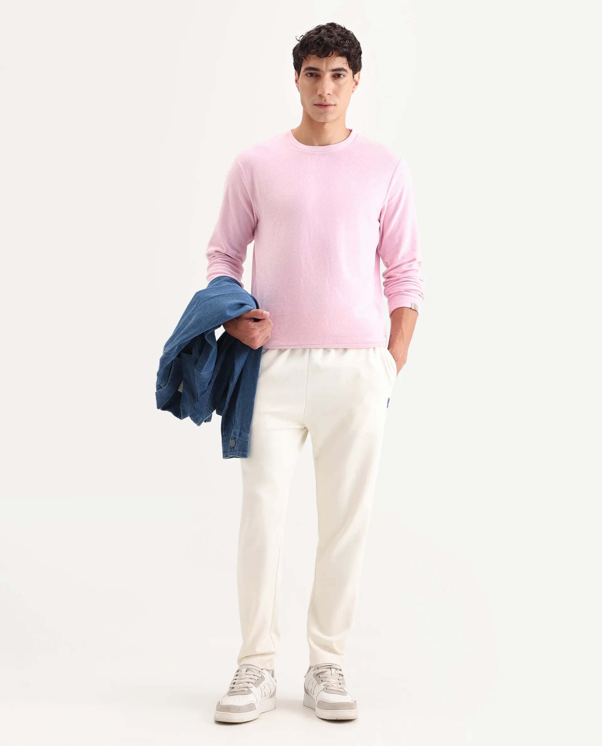 Rare Rabbit Men's Dube Pink Velvet Plain Relaxed Fit Full Sleeve Crew Neck Sweatshirt