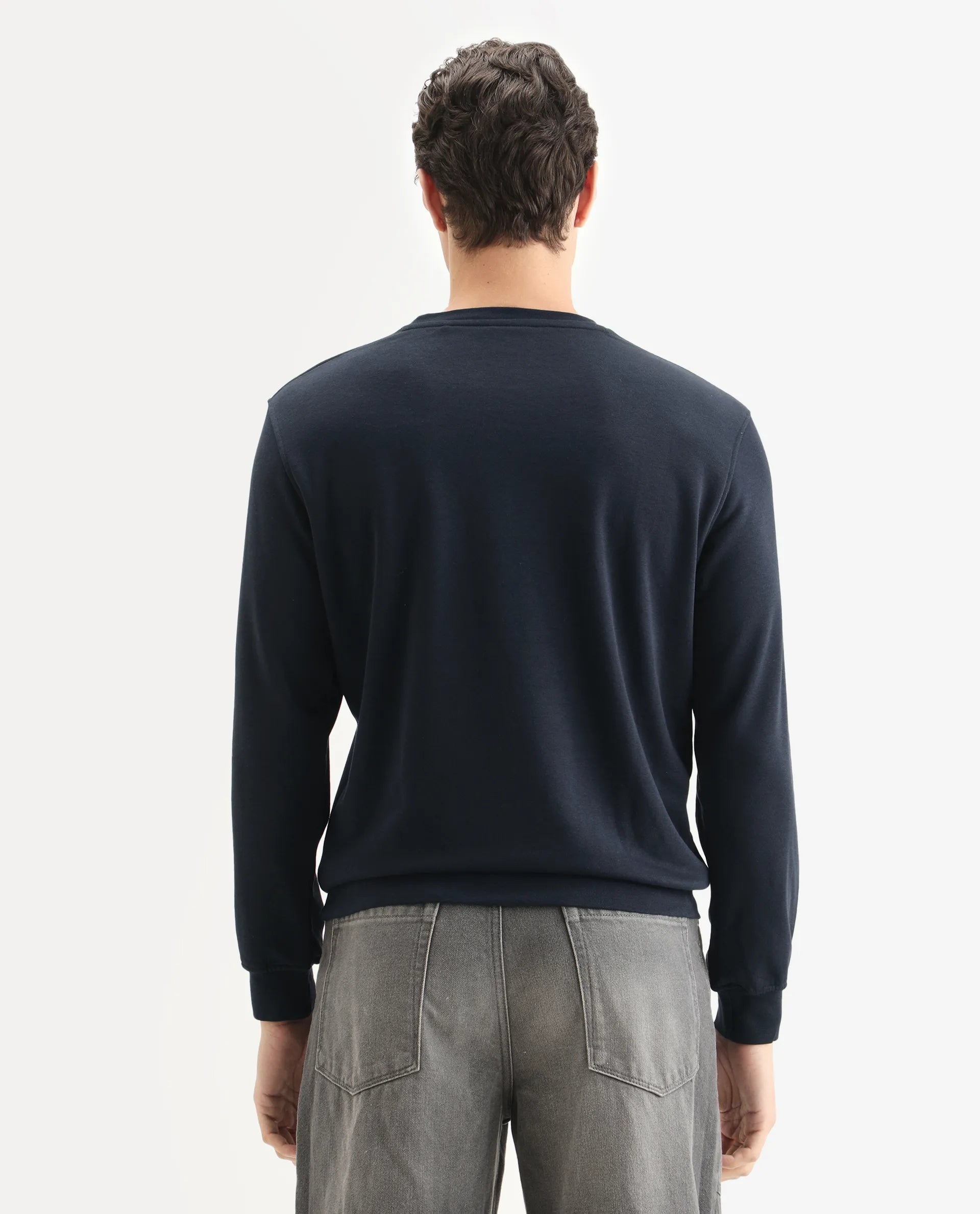 Rare Rabbit Men's Velot Navy Velvet Graphic Print Regular Fit Full Sleeve Crew Neck Sweatshirt