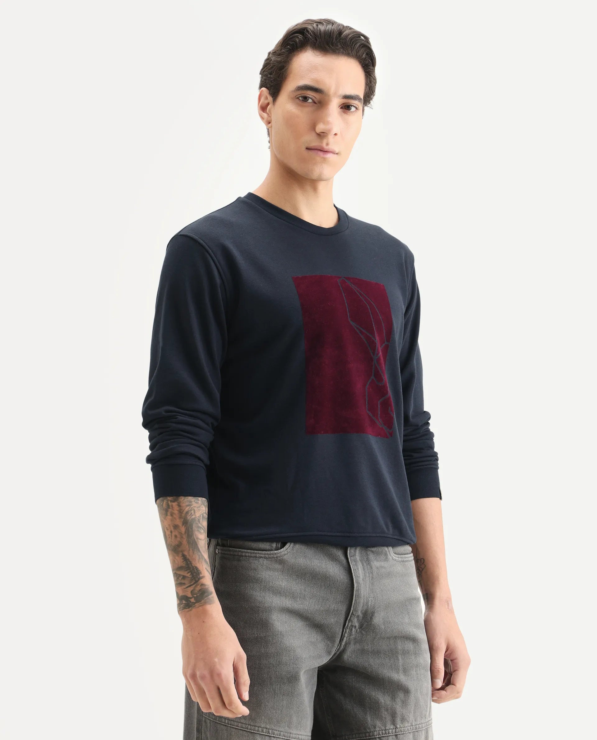 Rare Rabbit Men's Velot Navy Velvet Graphic Print Regular Fit Full Sleeve Crew Neck Sweatshirt