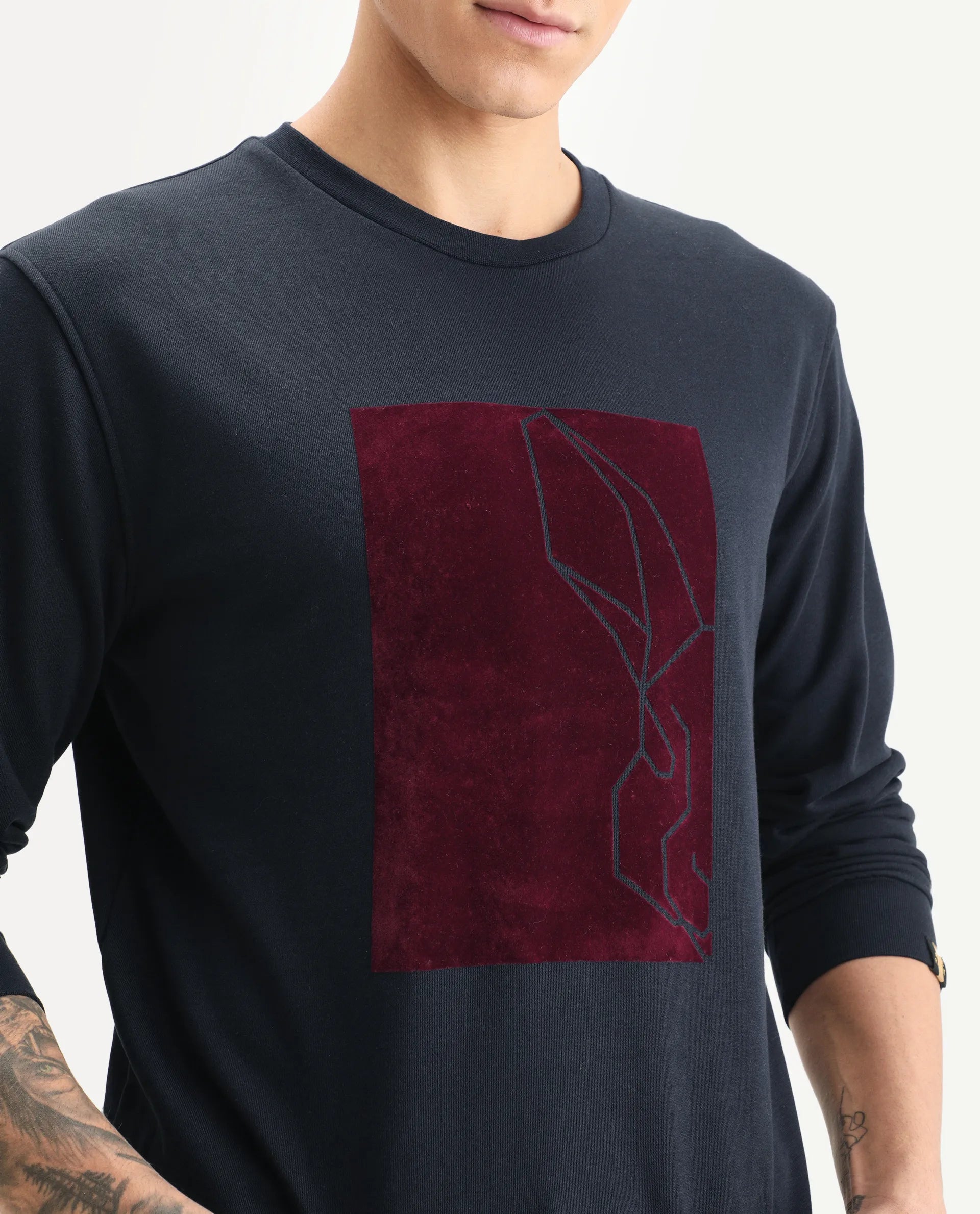 Rare Rabbit Men's Velot Navy Velvet Graphic Print Regular Fit Full Sleeve Crew Neck Sweatshirt