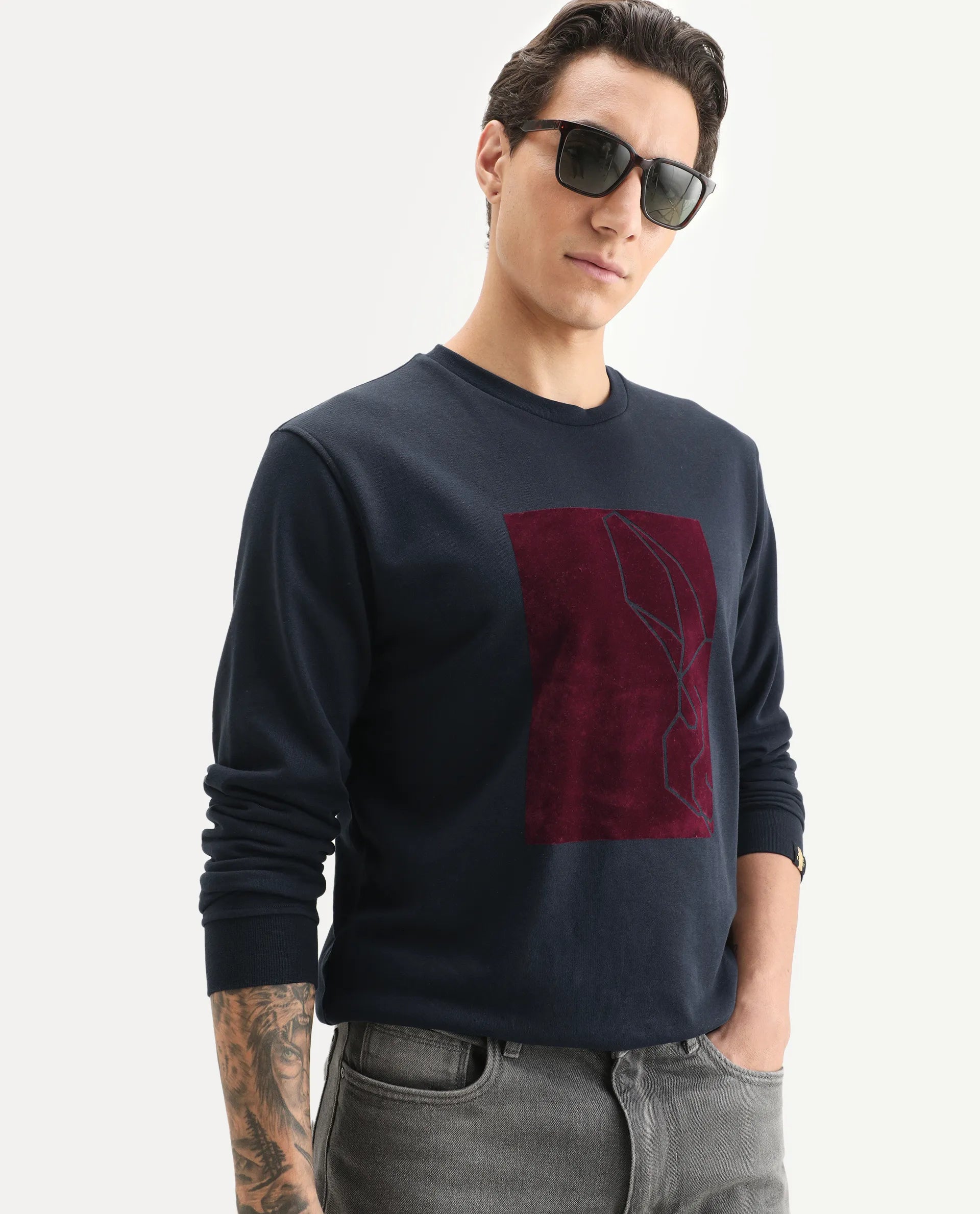 Rare Rabbit Men's Velot Navy Velvet Graphic Print Regular Fit Full Sleeve Crew Neck Sweatshirt