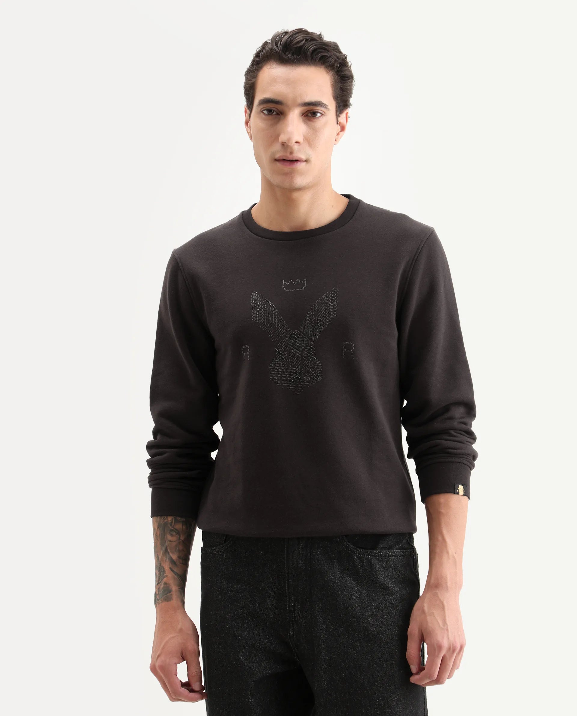 Rare Rabbit Men's Voir Dark Maroon Cotton Graphic Print Regular Fit Full Sleeve Crew Neck Sweatshirt
