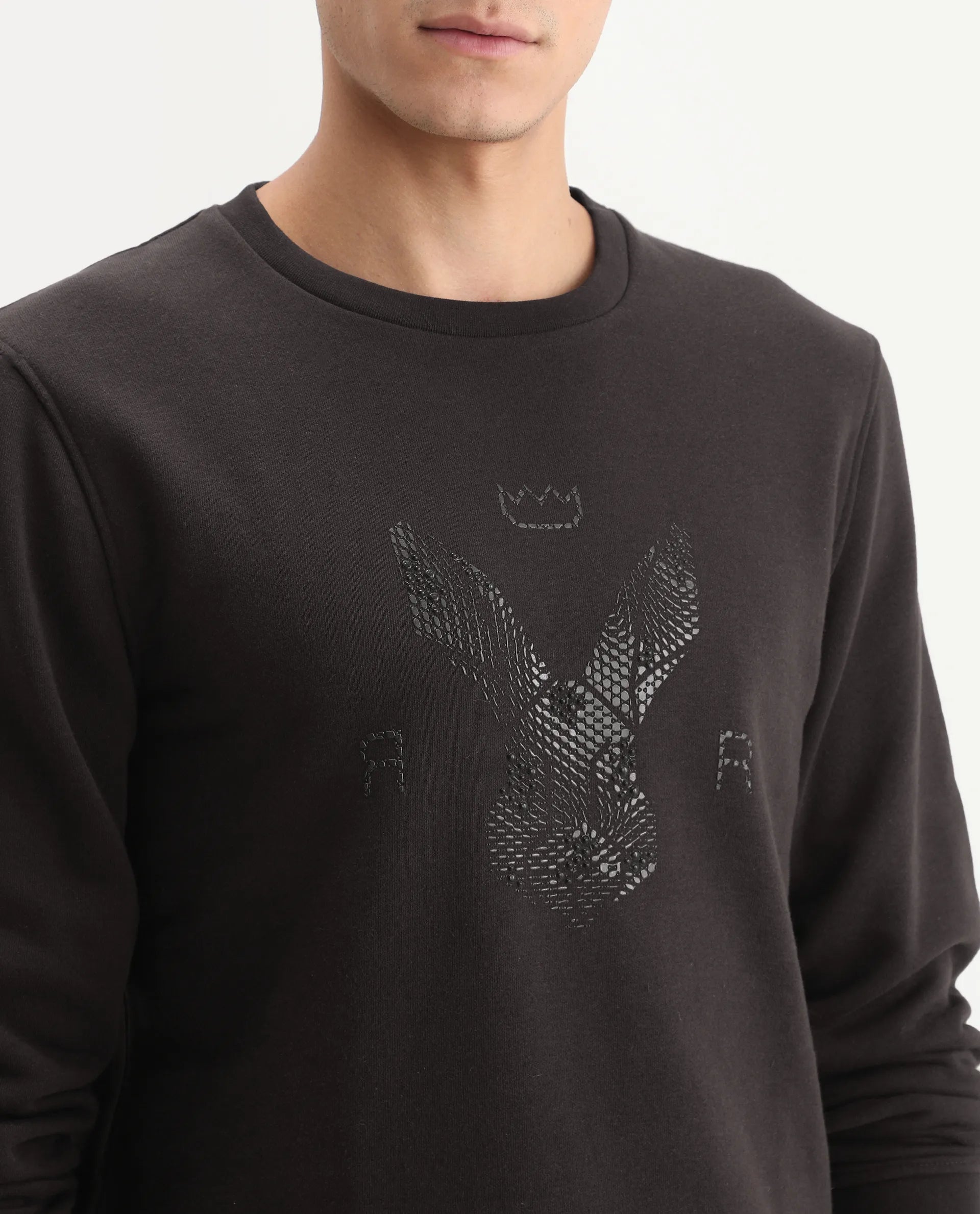 Rare Rabbit Men's Voir Dark Maroon Cotton Graphic Print Regular Fit Full Sleeve Crew Neck Sweatshirt