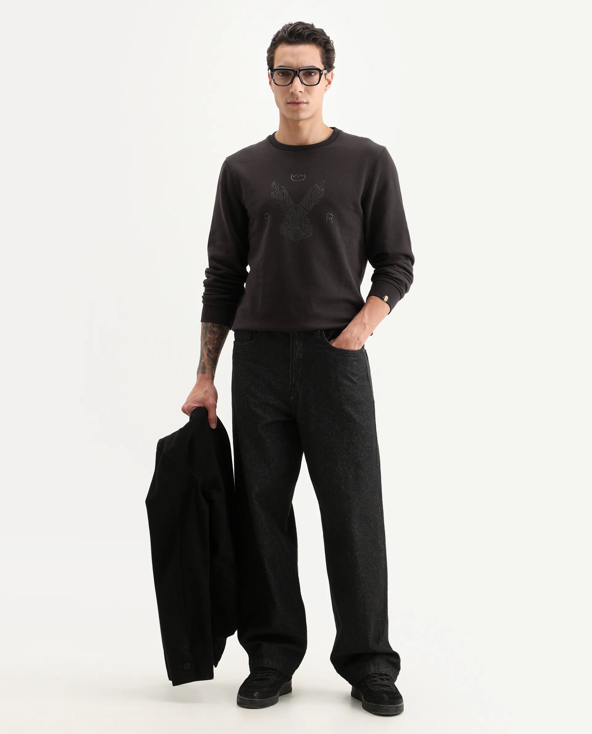 Rare Rabbit Men's Voir Dark Maroon Cotton Graphic Print Regular Fit Full Sleeve Crew Neck Sweatshirt