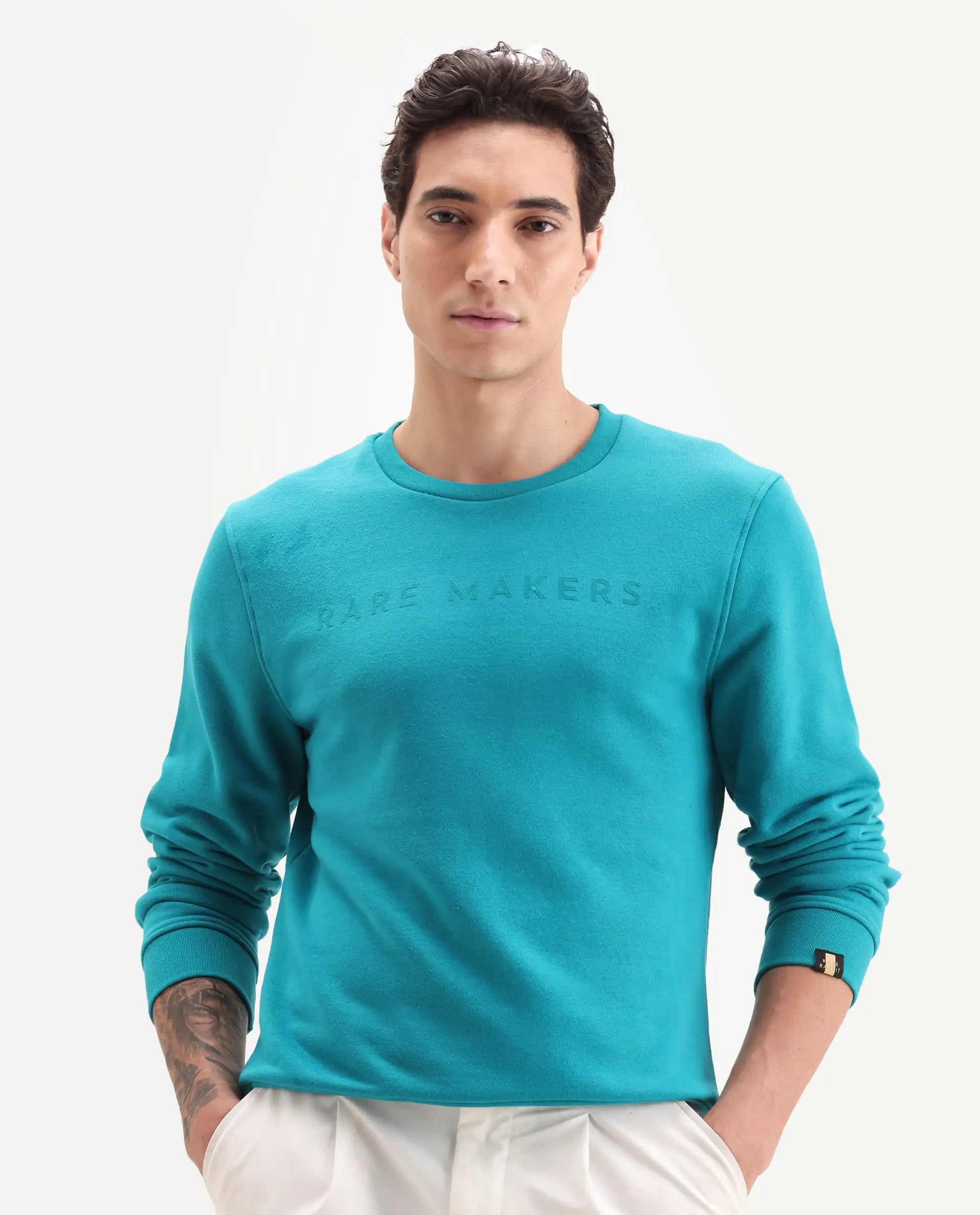 Rare Rabbit Men's Marko Petrol Cotton Graphic Print Regular Fit Full Sleeve Crew Neck Sweatshirt