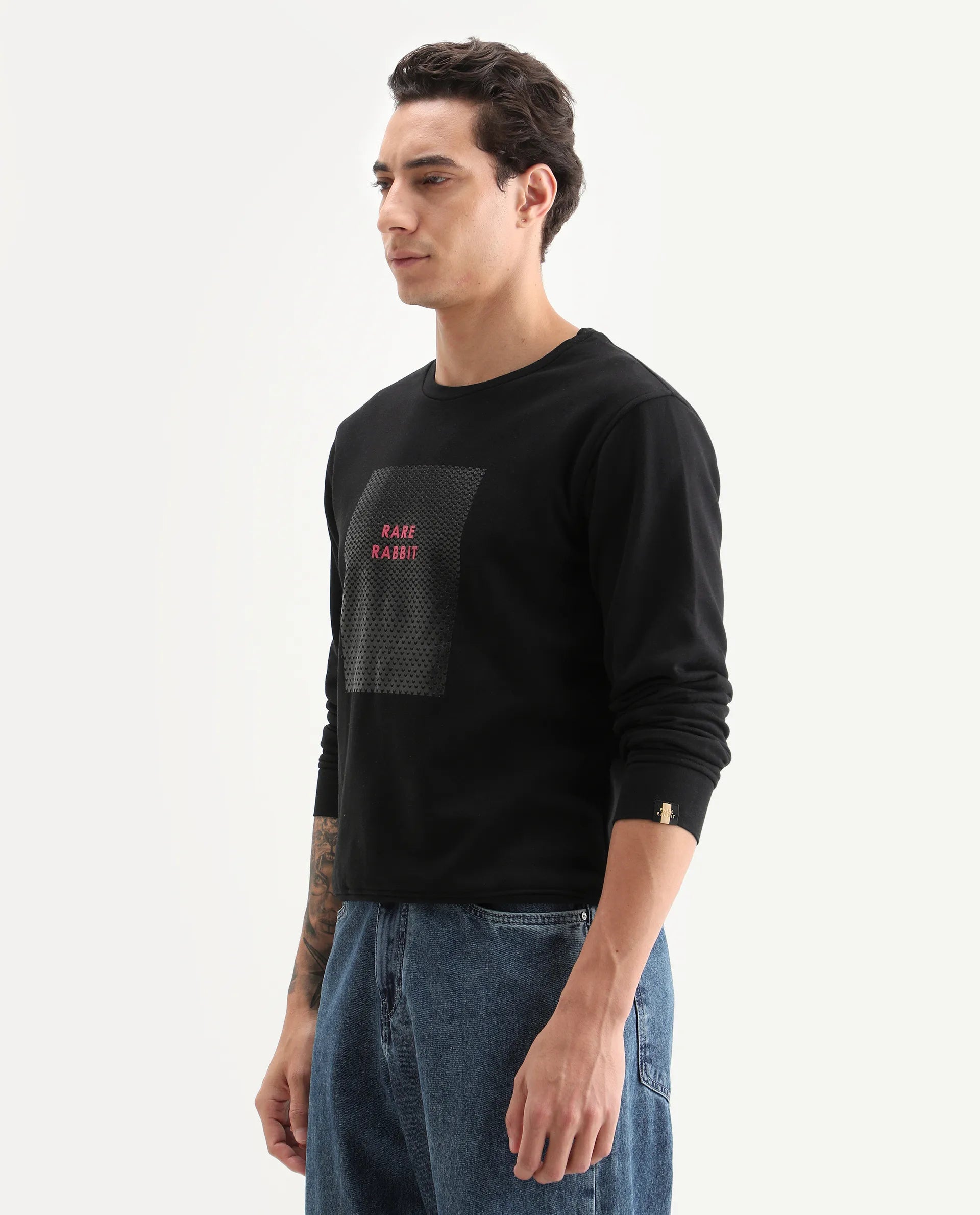Rare Rabbit Men's Osin Black Cotton Graphic Print Relaxed Fit Full Sleeve Crew Neck Sweatshirt