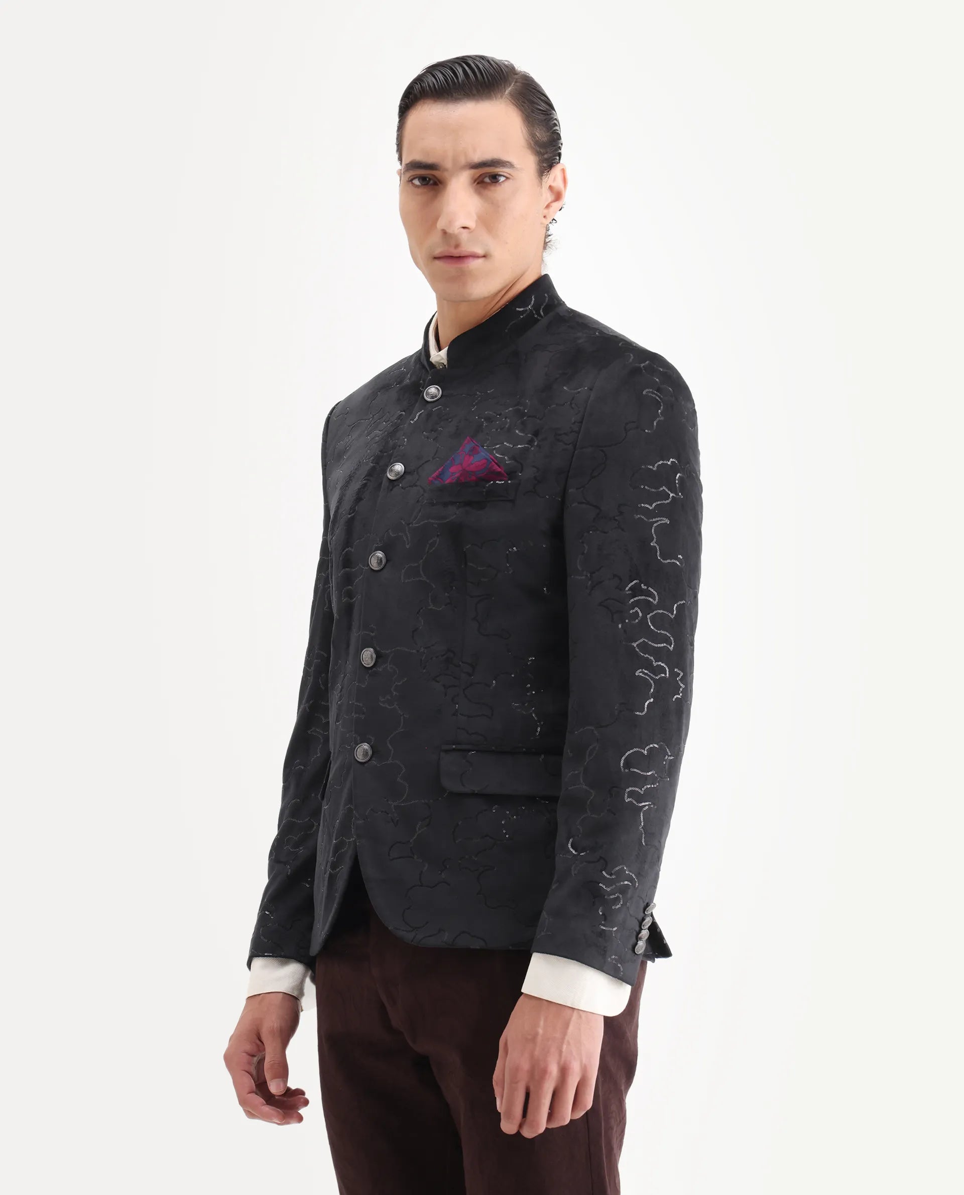 Rare Rabbit Men's Caldy Black Velvet Embellished Tailored Fit Full Sleeve Mandarin Collar Bandhgala