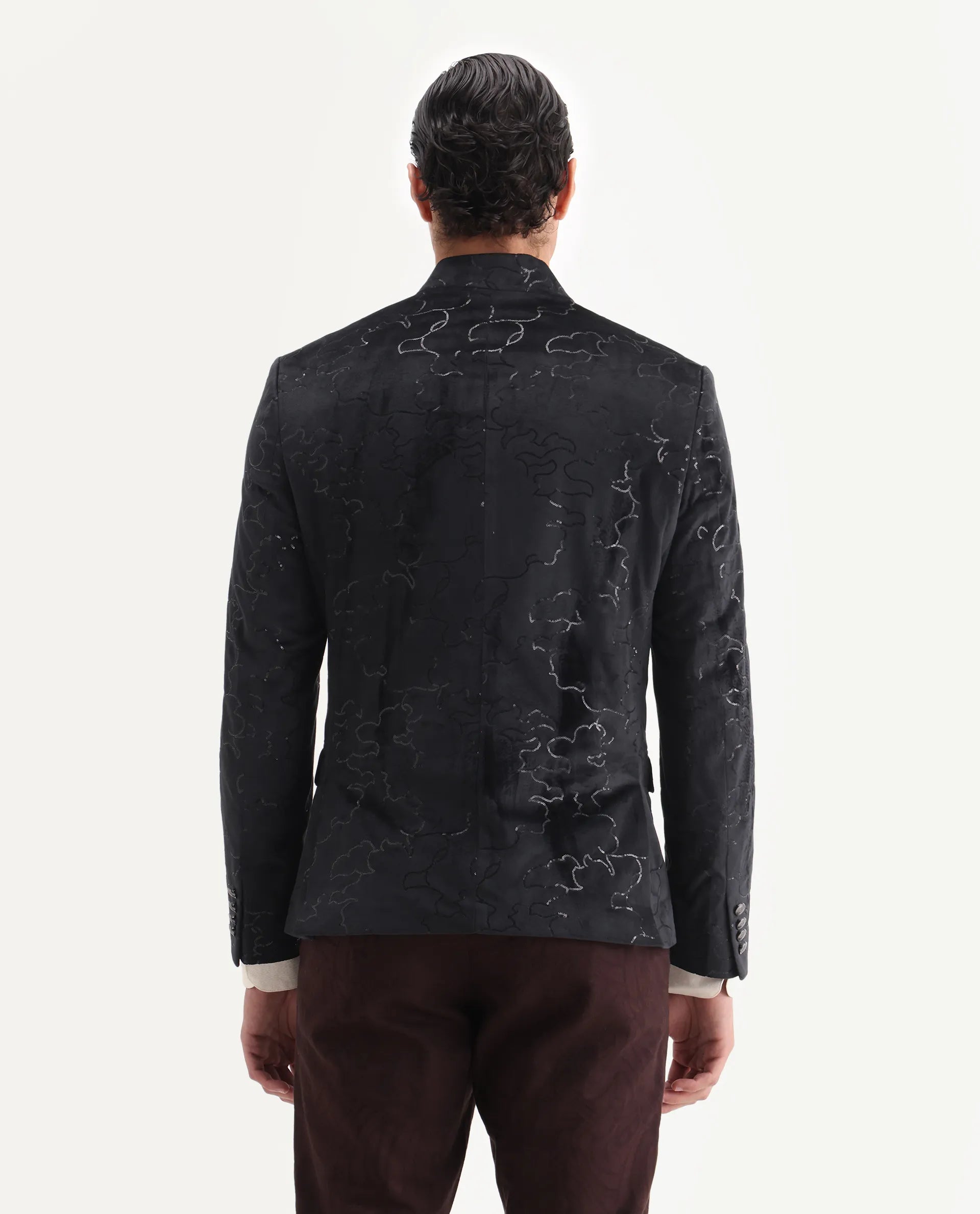 Rare Rabbit Men's Caldy Black Velvet Embellished Tailored Fit Full Sleeve Mandarin Collar Bandhgala