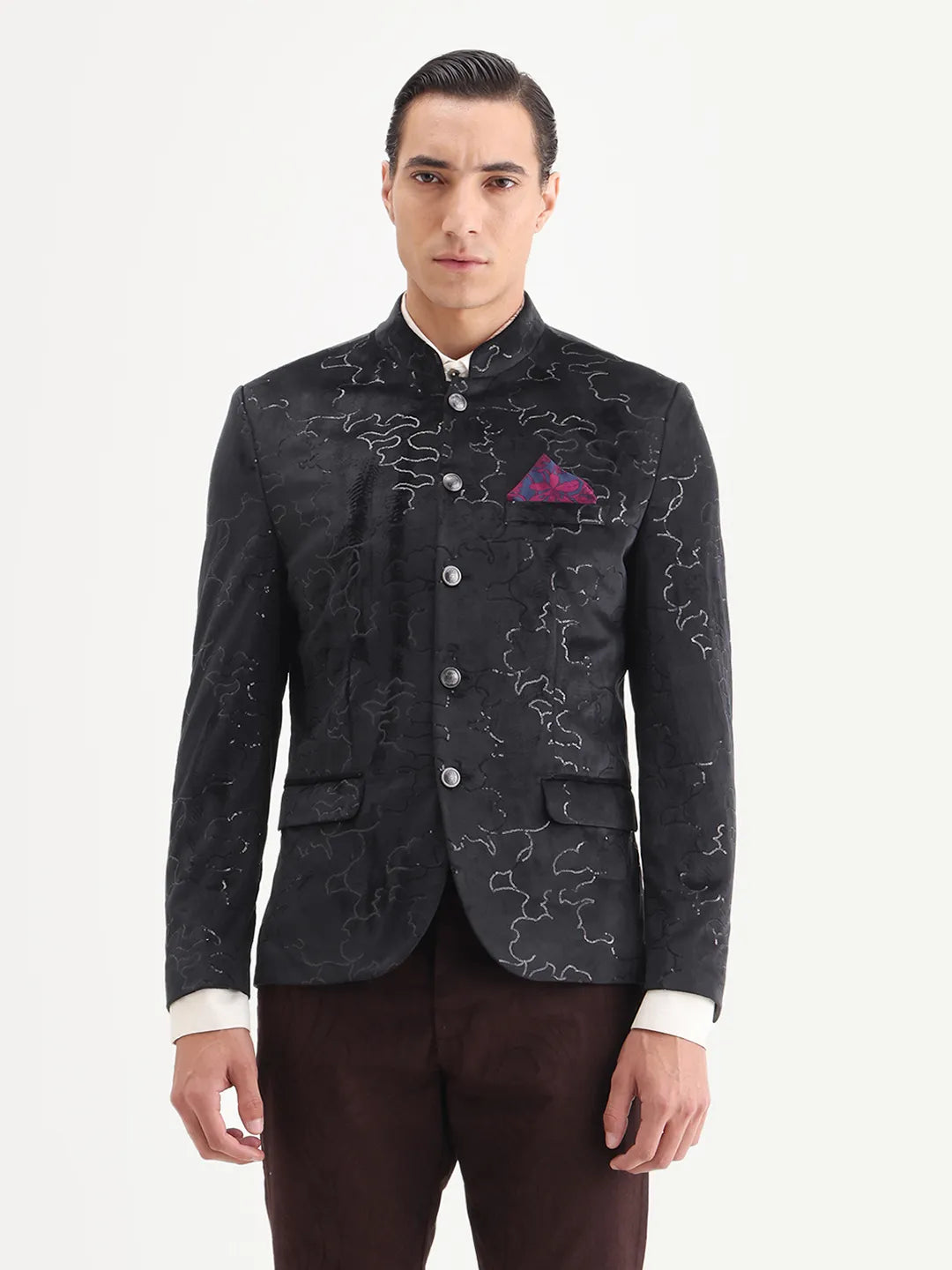 Rare Rabbit Men's Caldy Black Velvet Embellished Tailored Fit Full Sleeve Mandarin Collar Bandhgala