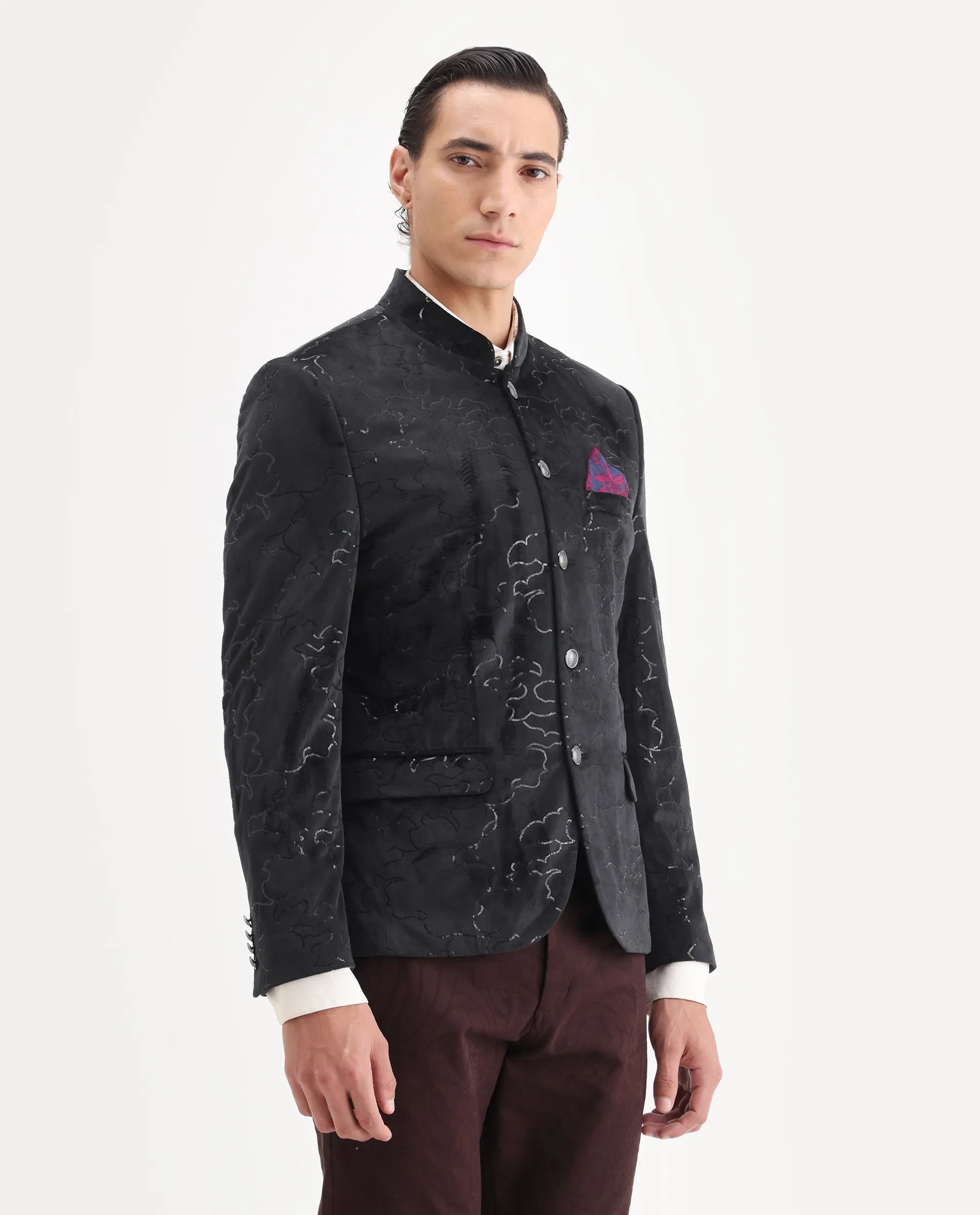 Rare Rabbit Men's Caldy Black Velvet Embellished Tailored Fit Full Sleeve Mandarin Collar Bandhgala