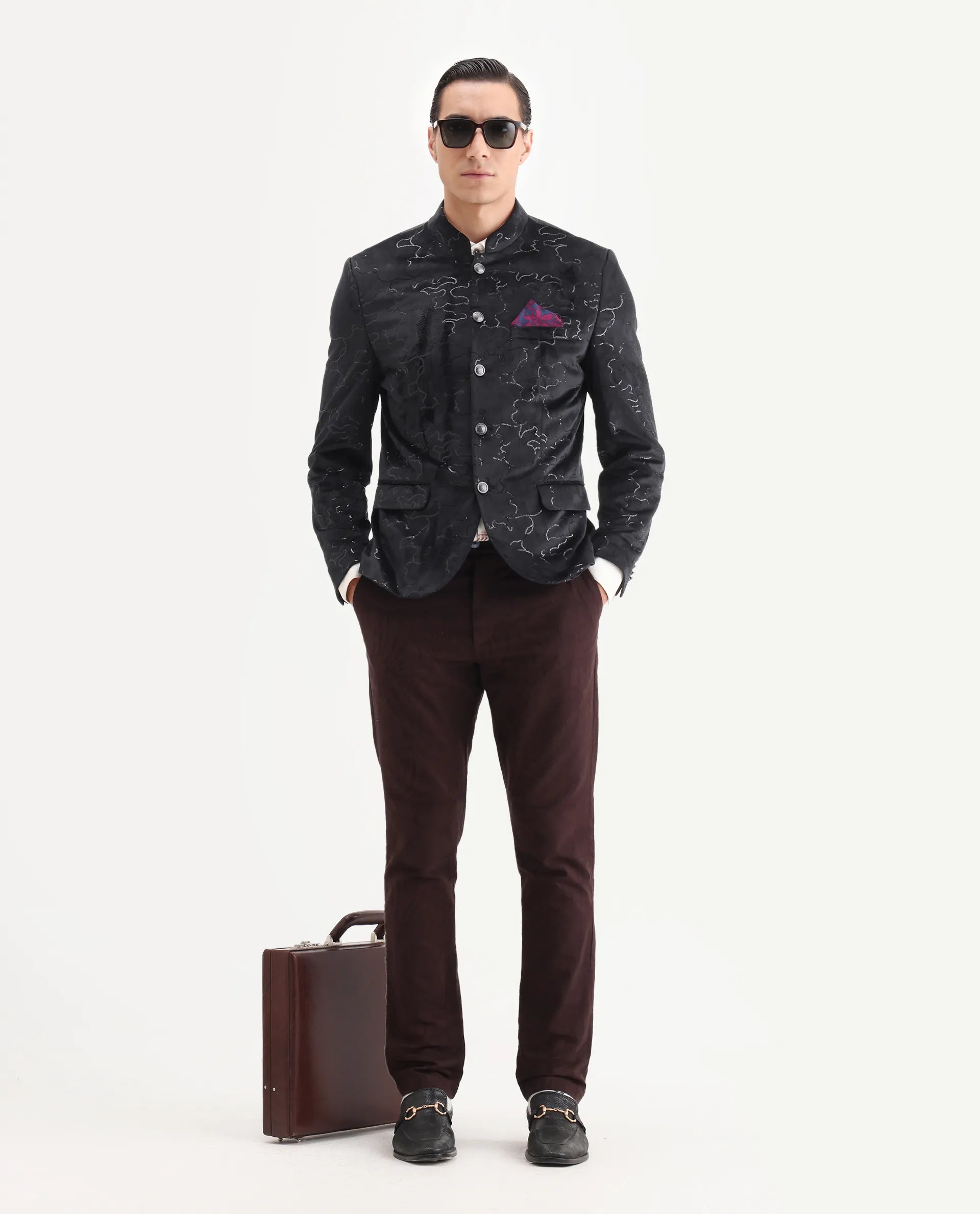 Rare Rabbit Men's Caldy Black Velvet Embellished Tailored Fit Full Sleeve Mandarin Collar Bandhgala