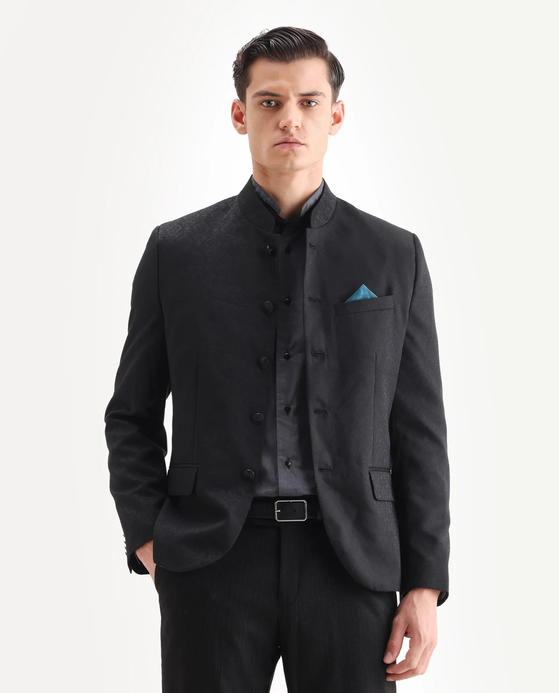 Rare Rabbit Men's Utica Black Polyester Jacquard Tailored Fit Full Sleeve Mandarin Collar Bandhgala