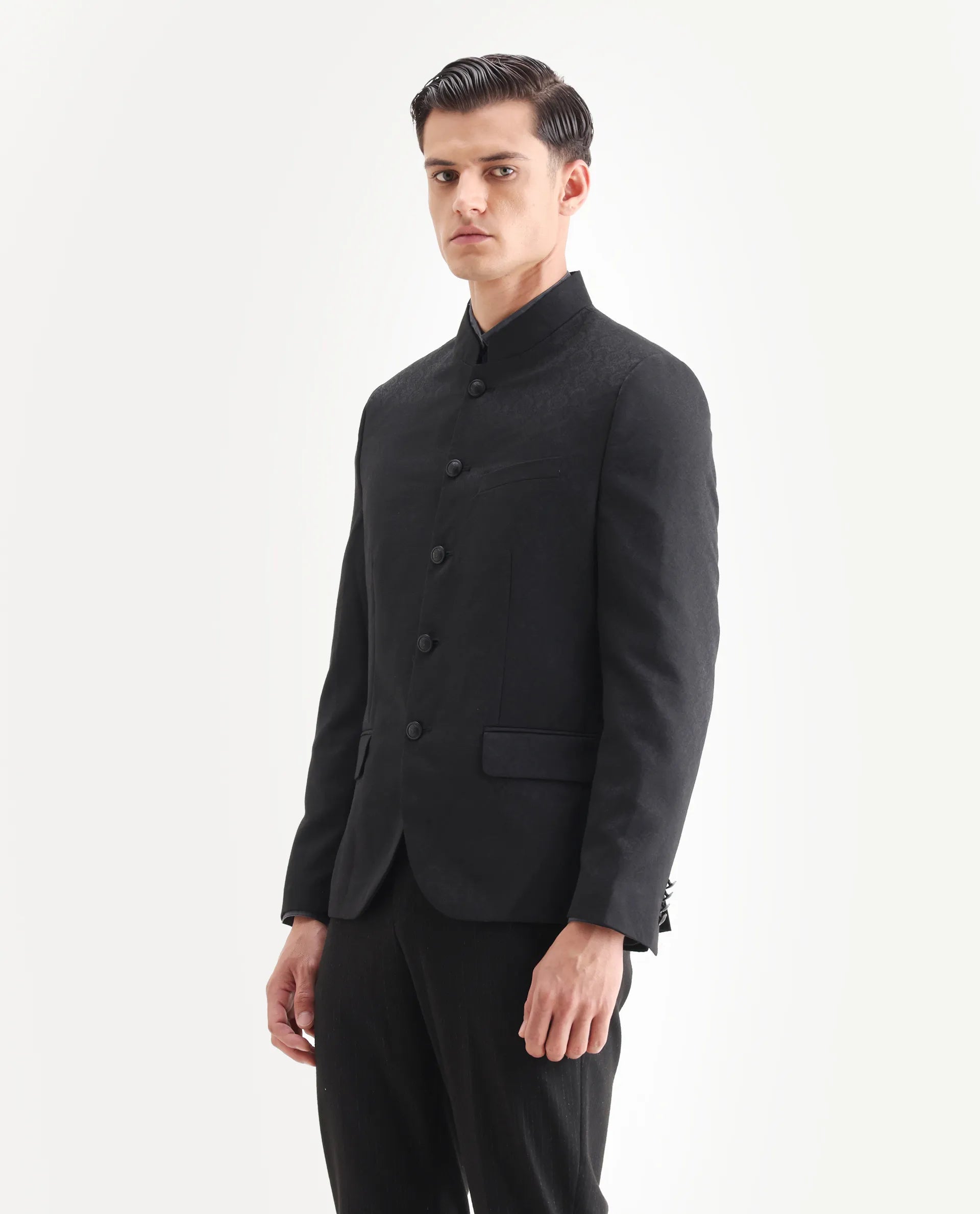 Rare Rabbit Men's Utica Black Polyester Jacquard Tailored Fit Full Sleeve Mandarin Collar Bandhgala