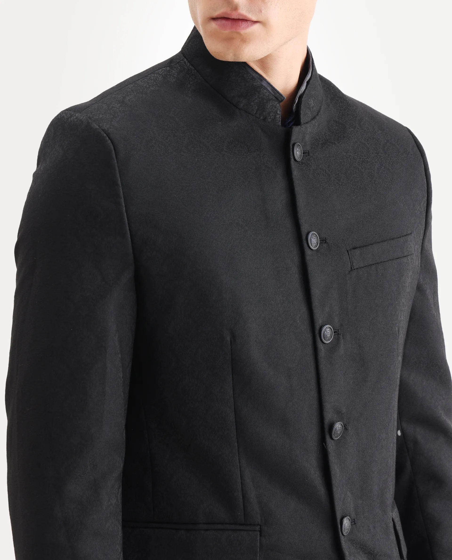 Rare Rabbit Men's Utica Black Polyester Jacquard Tailored Fit Full Sleeve Mandarin Collar Bandhgala