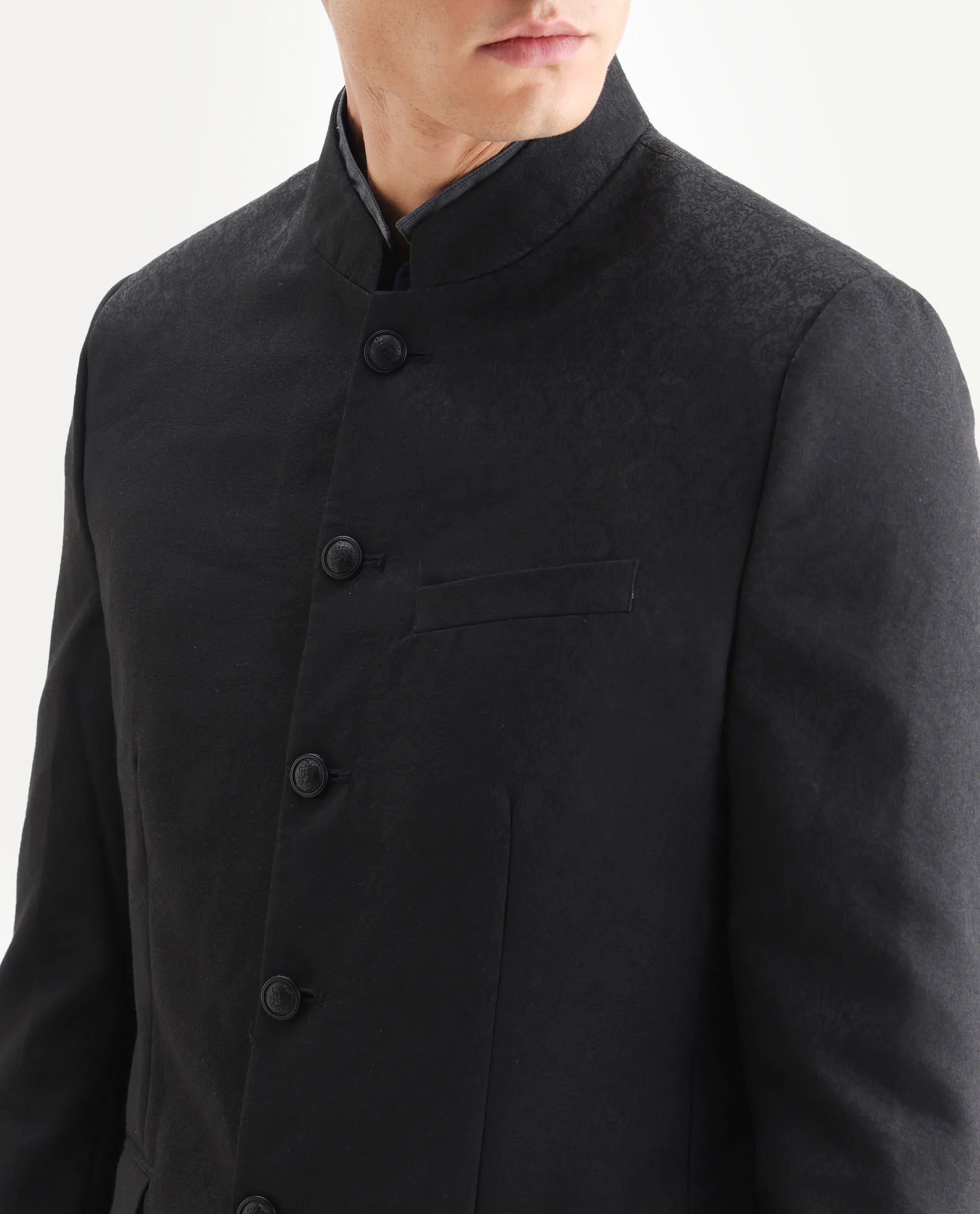 Rare Rabbit Men's Utica Black Polyester Jacquard Tailored Fit Full Sleeve Mandarin Collar Bandhgala