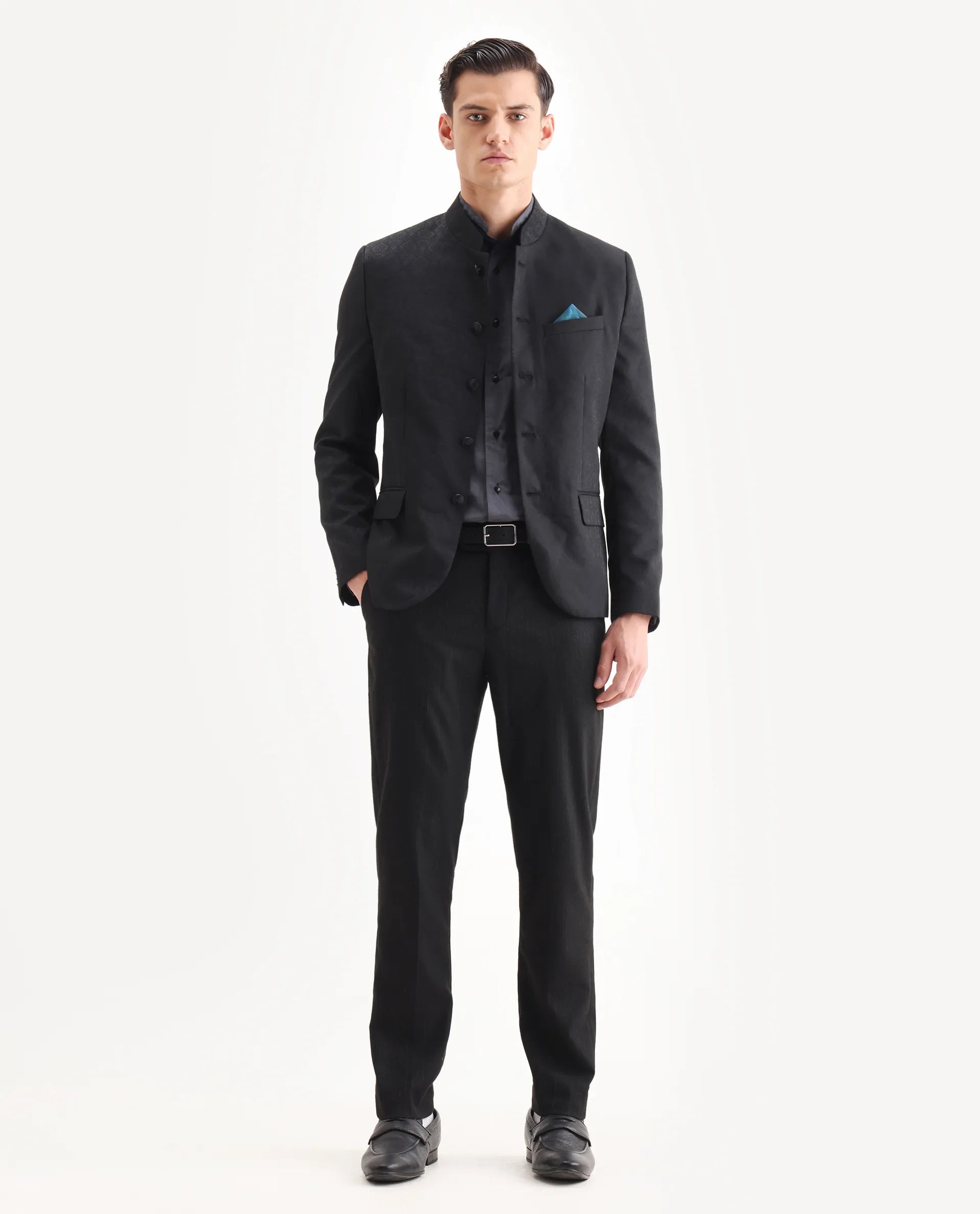 Rare Rabbit Men's Utica Black Polyester Jacquard Tailored Fit Full Sleeve Mandarin Collar Bandhgala