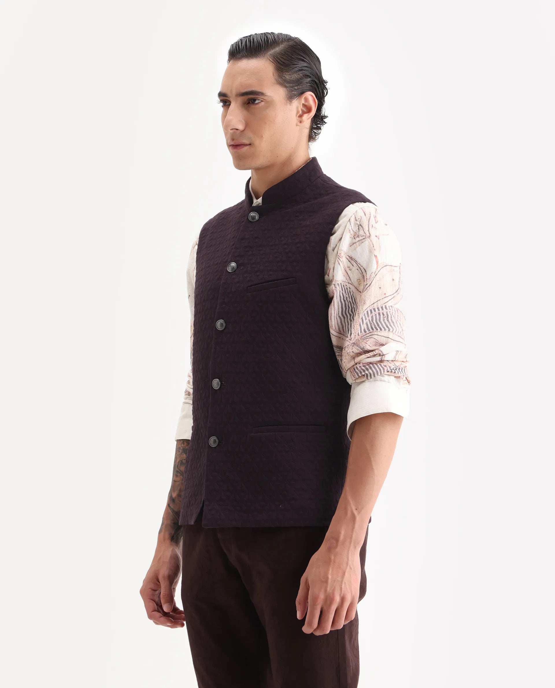 Rare Rabbit Men's Mitzi Dark Maroon Cotton Jacquard Tailored Fit Sleeveless Mandarin Collar Bandhgala