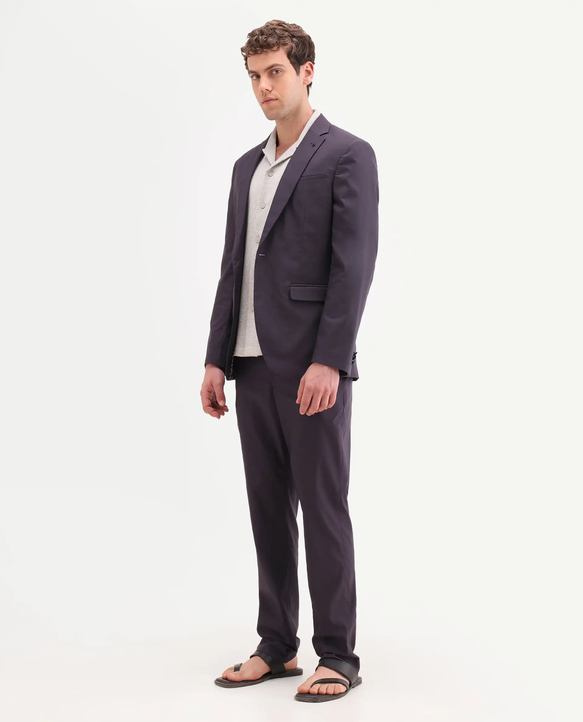 Rare Rabbit Men's Oscar Dark Purple Polyester Plain Tailored Fit Full Sleeve Lapel Neck Suits