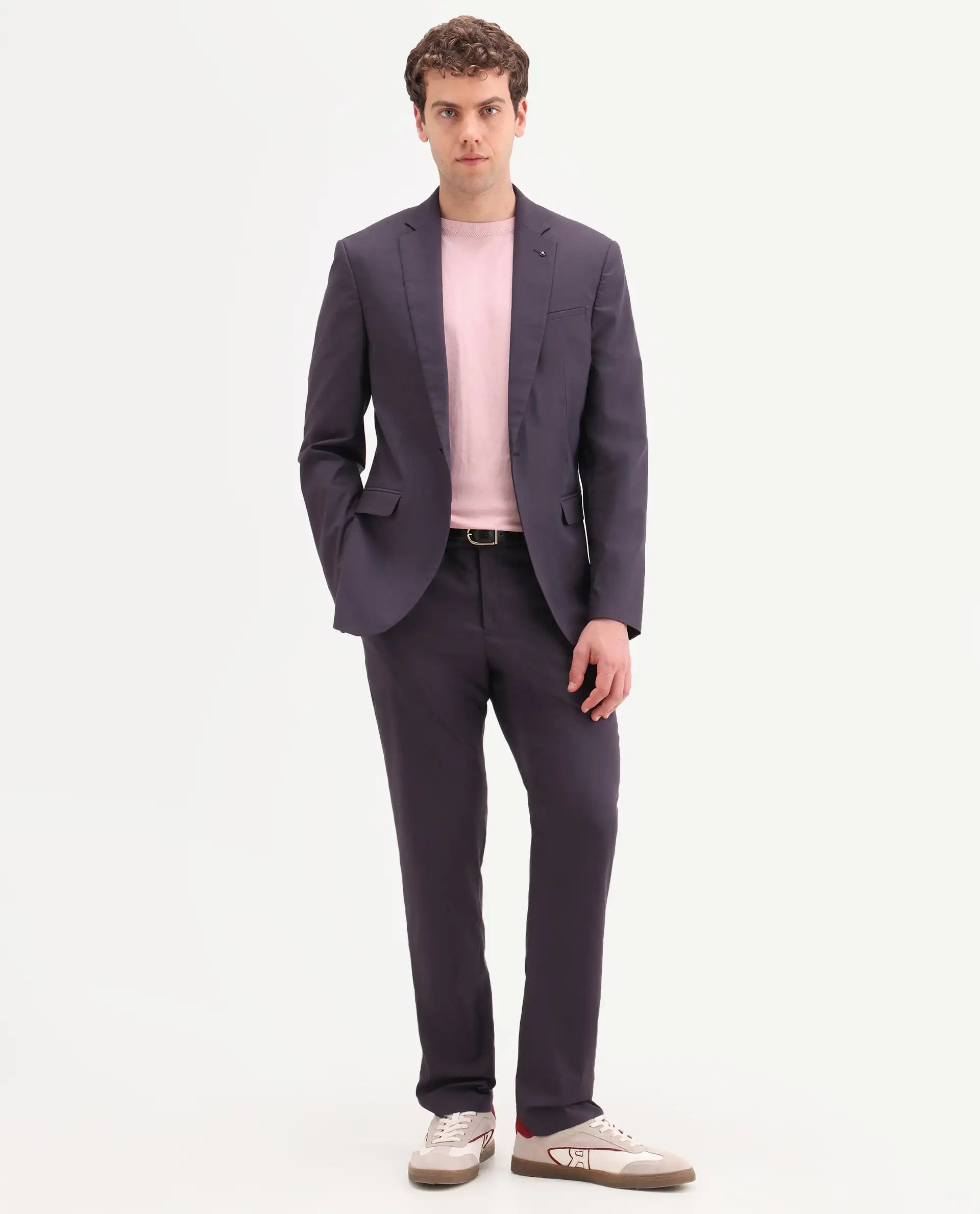 Rare Rabbit Men's Oscar Dark Purple Polyester Plain Tailored Fit Full Sleeve Lapel Neck Suits
