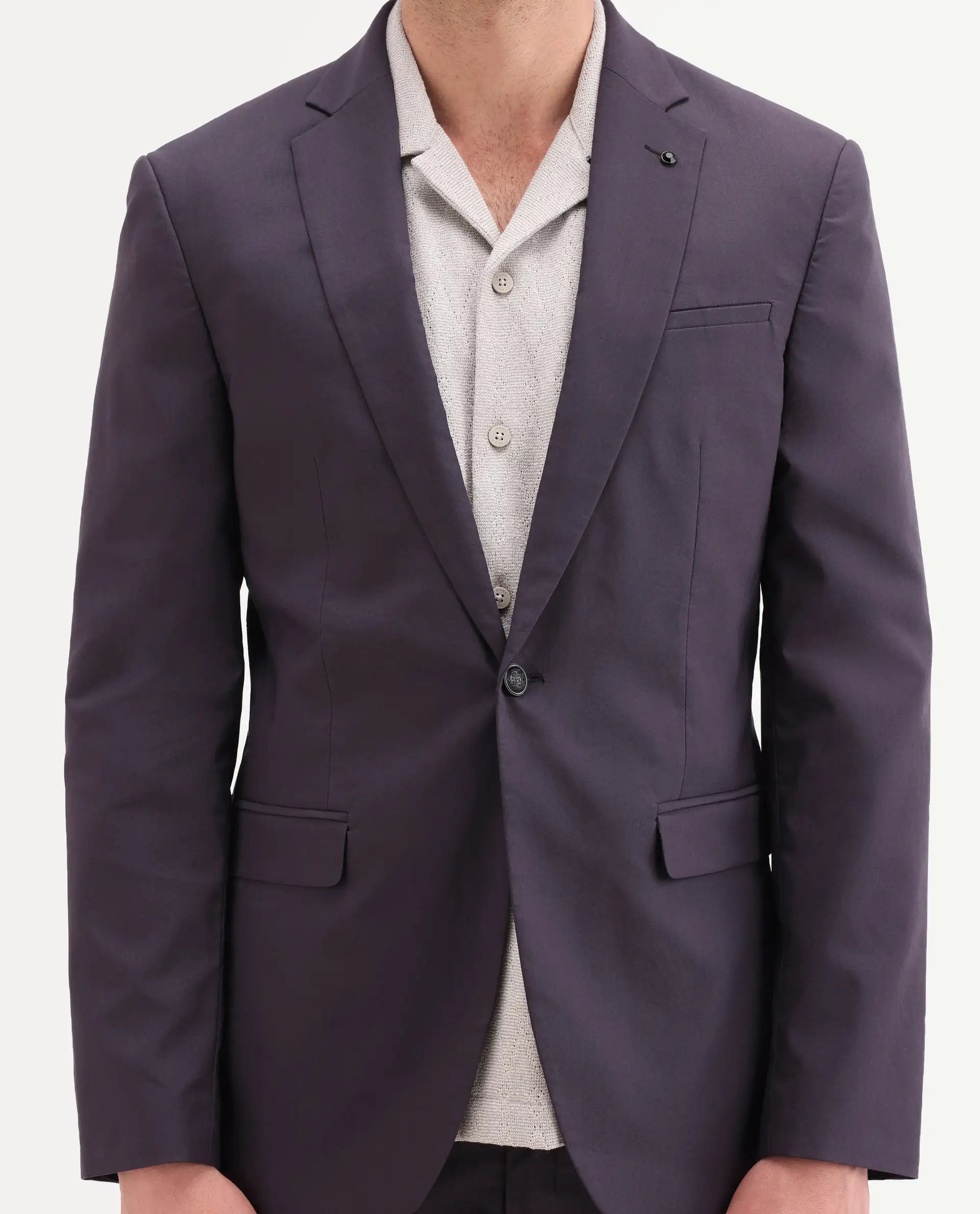 Rare Rabbit Men's Oscar Dark Purple Polyester Plain Tailored Fit Full Sleeve Lapel Neck Suits