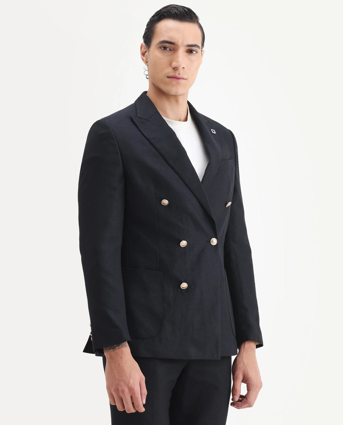 Rare Rabbit Men's Sierra Dark Navy Polyester Plain Tailored Fit Full Sleeve Lapel Neck Suits
