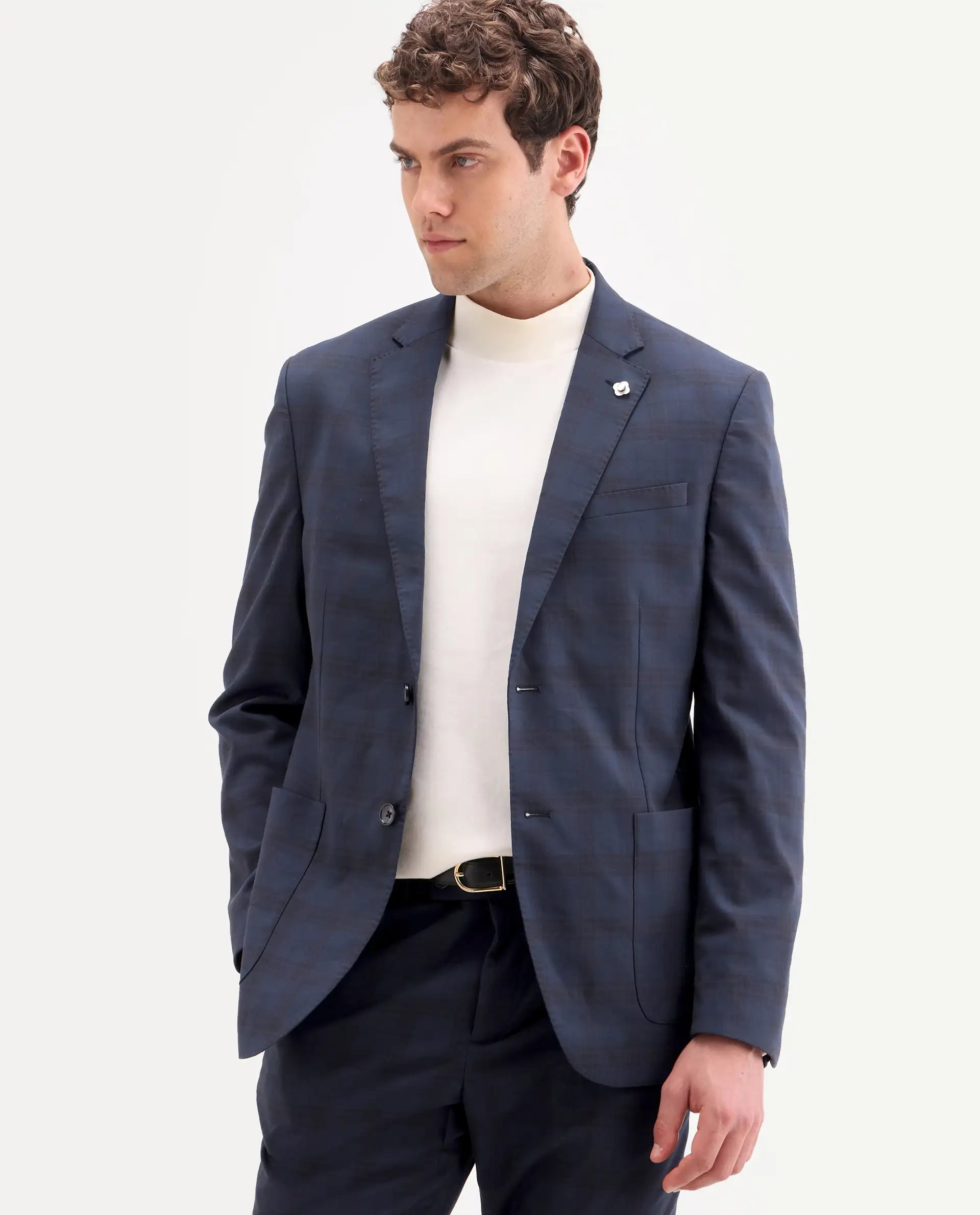 Rare Rabbit Men's Mack Dark Navy Polyester Checked Print Tailored Fit Full Sleeve Lapel Neck Suits