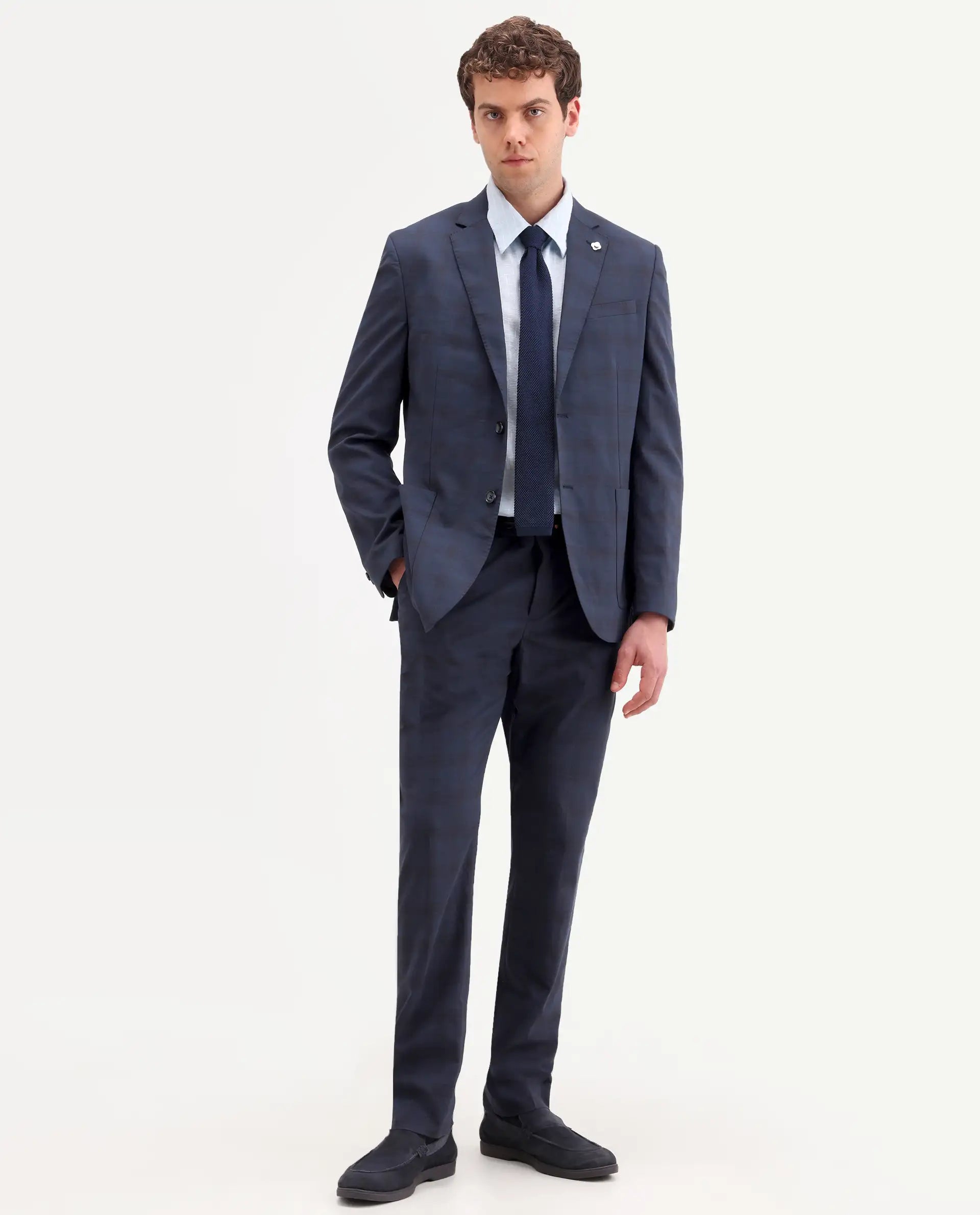 Rare Rabbit Men's Mack Dark Navy Polyester Checked Print Tailored Fit Full Sleeve Lapel Neck Suits