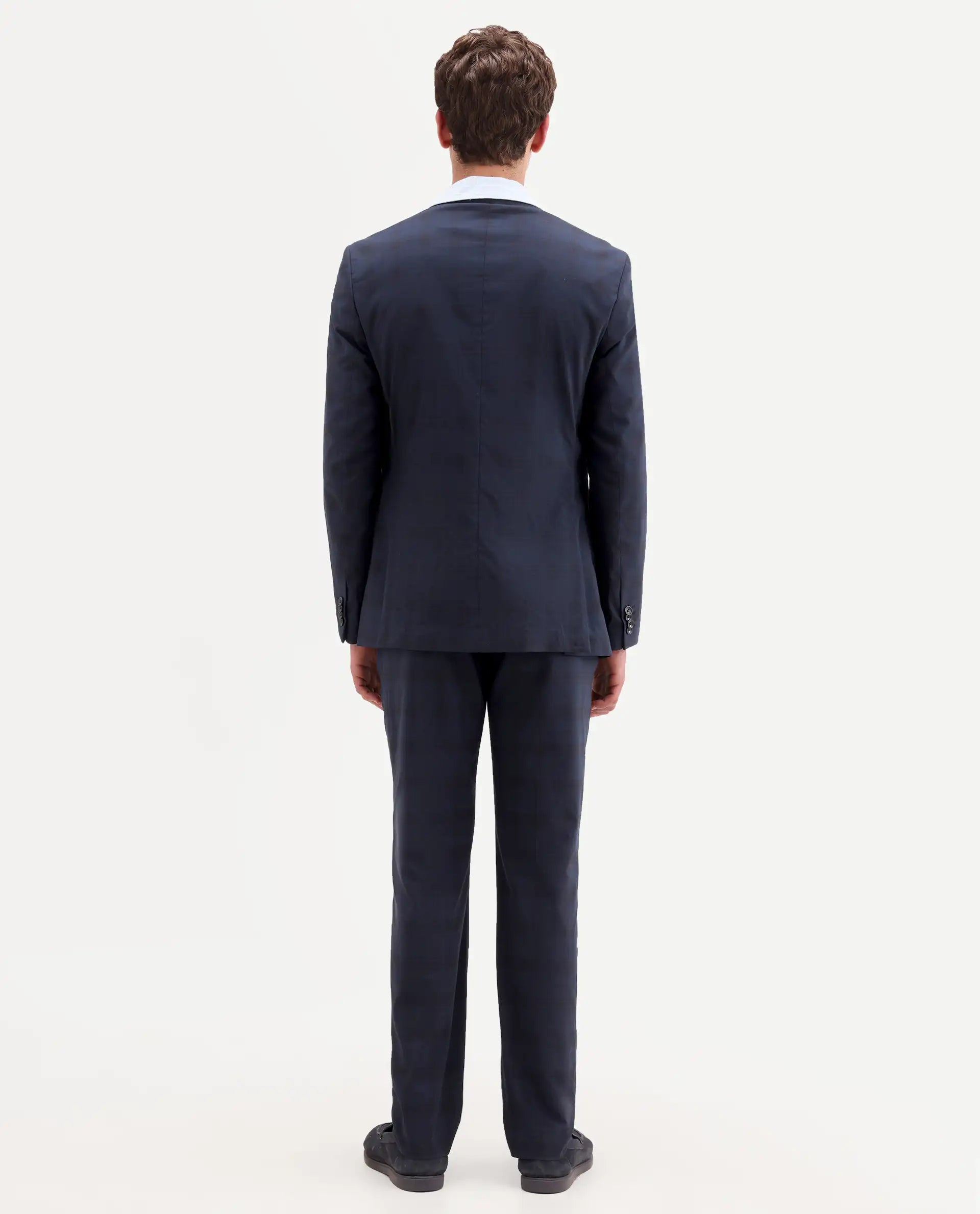 Rare Rabbit Men's Mack Dark Navy Polyester Checked Print Tailored Fit Full Sleeve Lapel Neck Suits