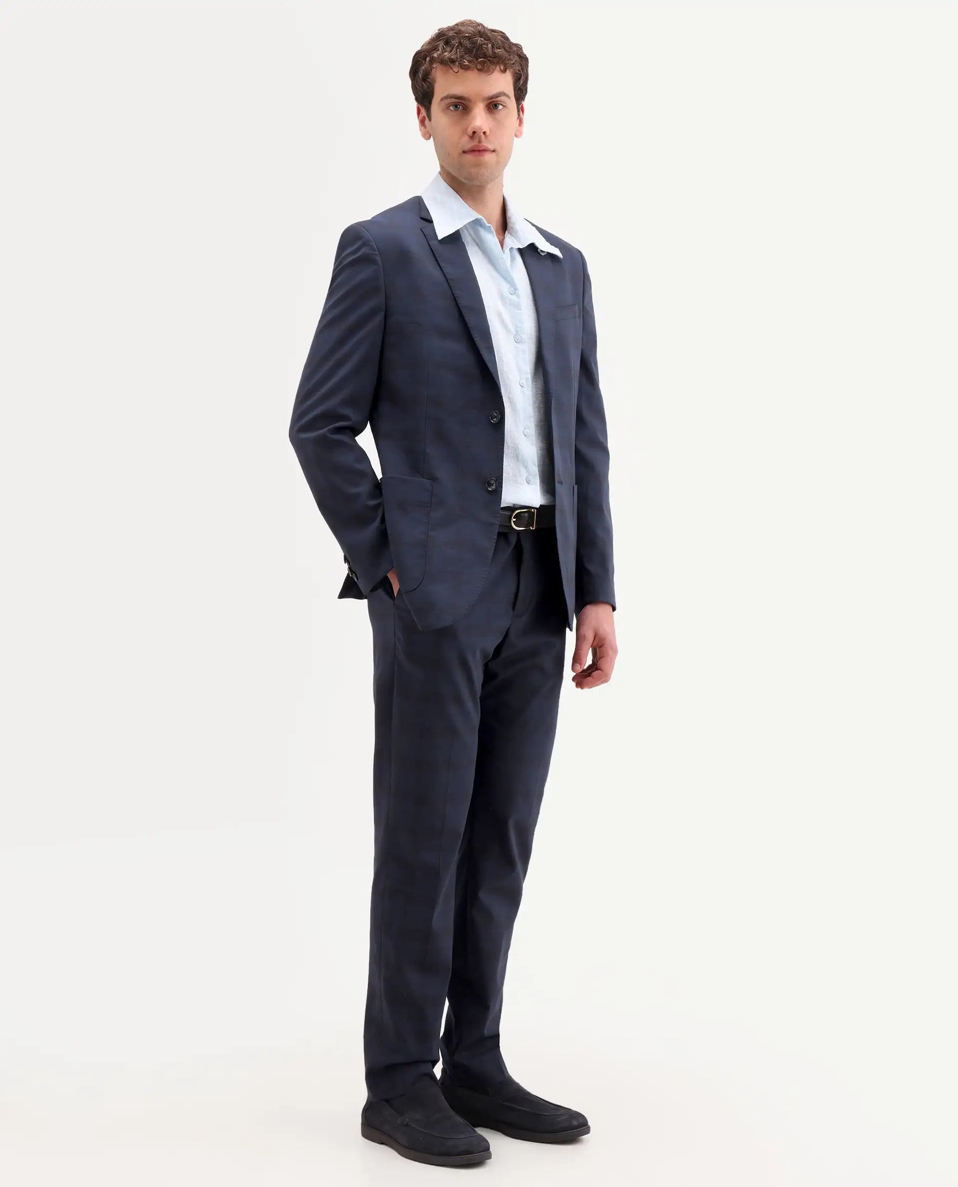 Rare Rabbit Men's Mack Dark Navy Polyester Checked Print Tailored Fit Full Sleeve Lapel Neck Suits