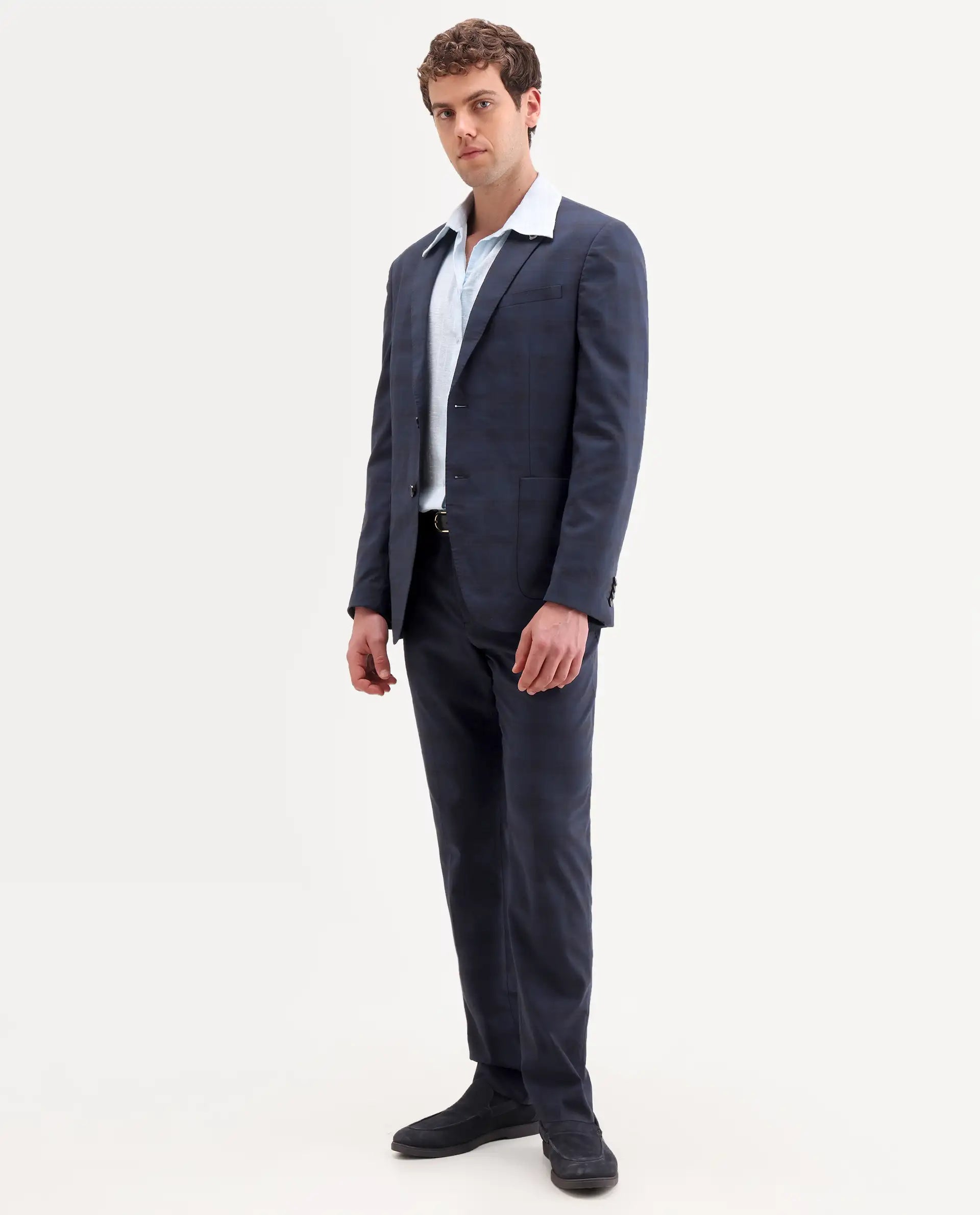 Rare Rabbit Men's Mack Dark Navy Polyester Checked Print Tailored Fit Full Sleeve Lapel Neck Suits