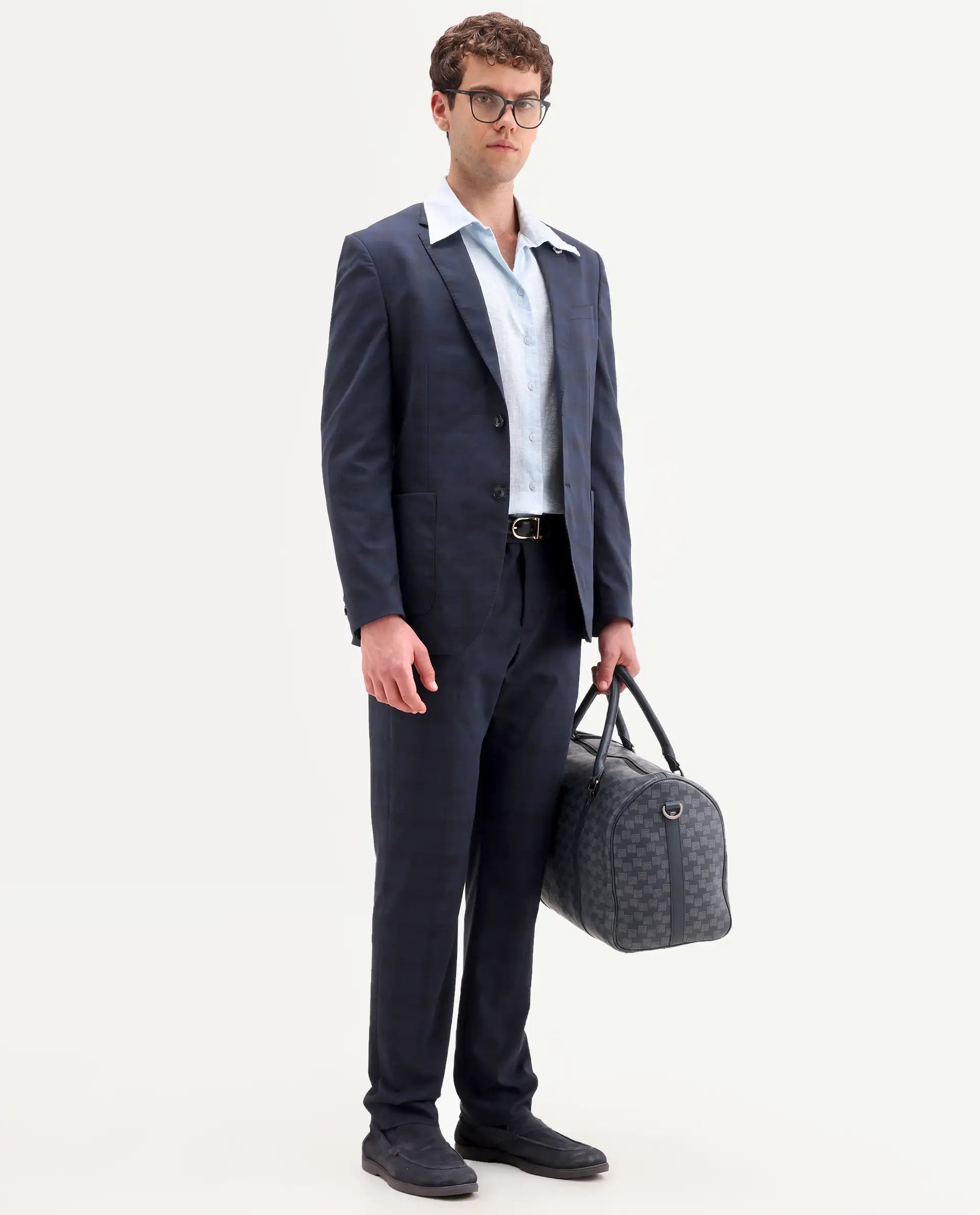Rare Rabbit Men's Mack Dark Navy Polyester Checked Print Tailored Fit Full Sleeve Lapel Neck Suits