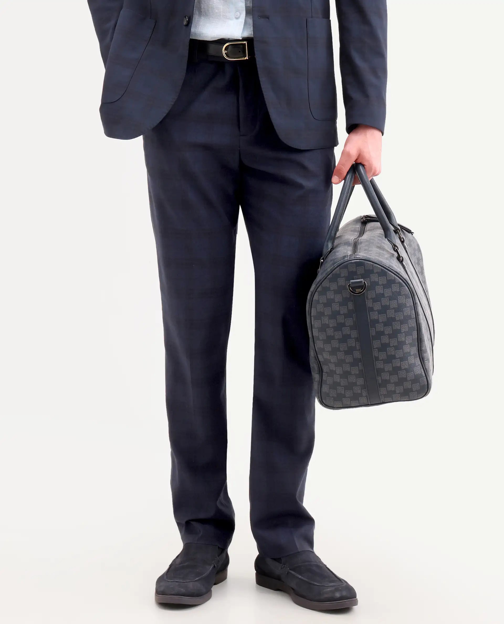 Rare Rabbit Men's Mack Dark Navy Polyester Checked Print Tailored Fit Full Sleeve Lapel Neck Suits
