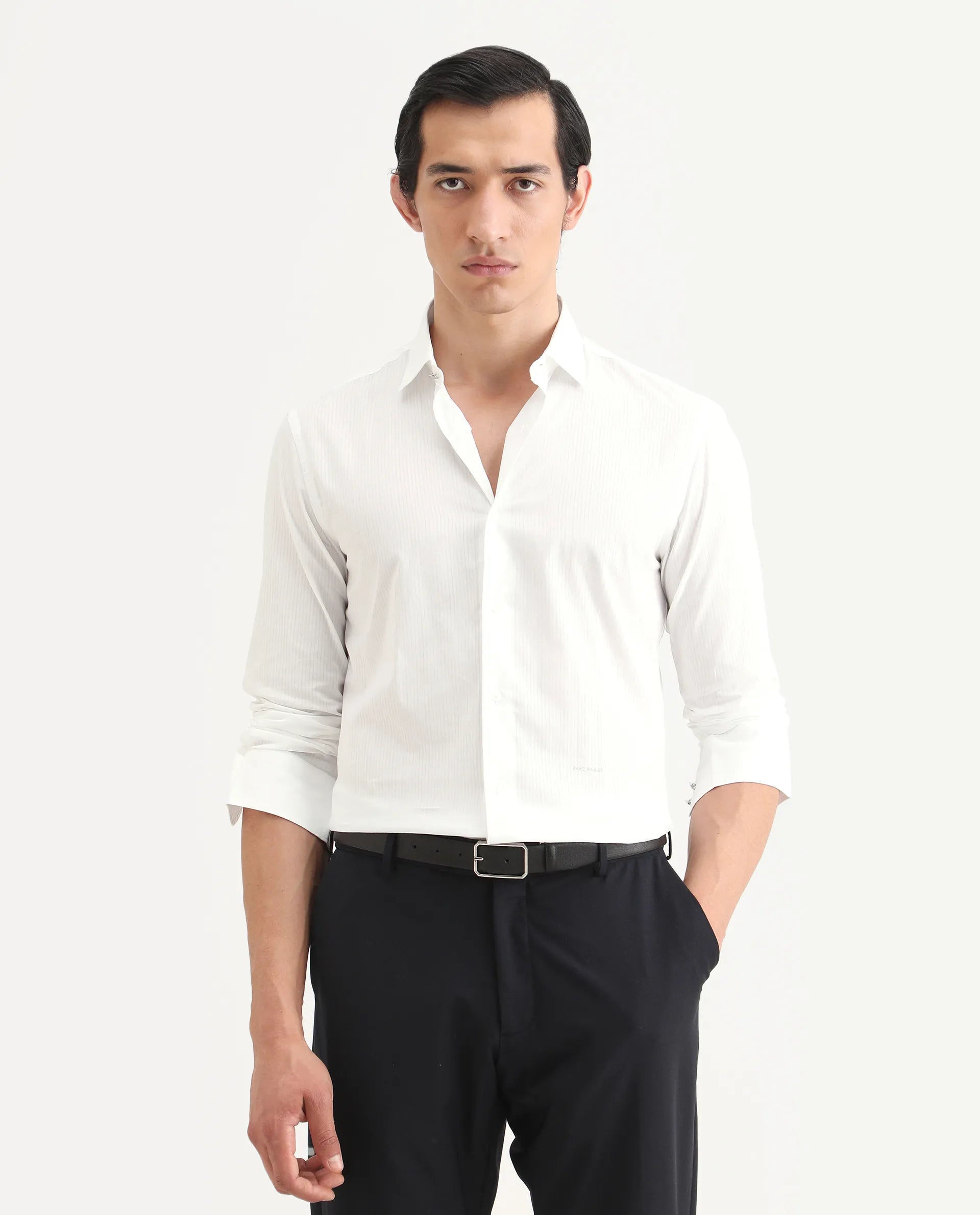 Rare Rabbit Men's Benzin White Cotton Striped Print Regular Fit Full Sleeve Collared Shirt