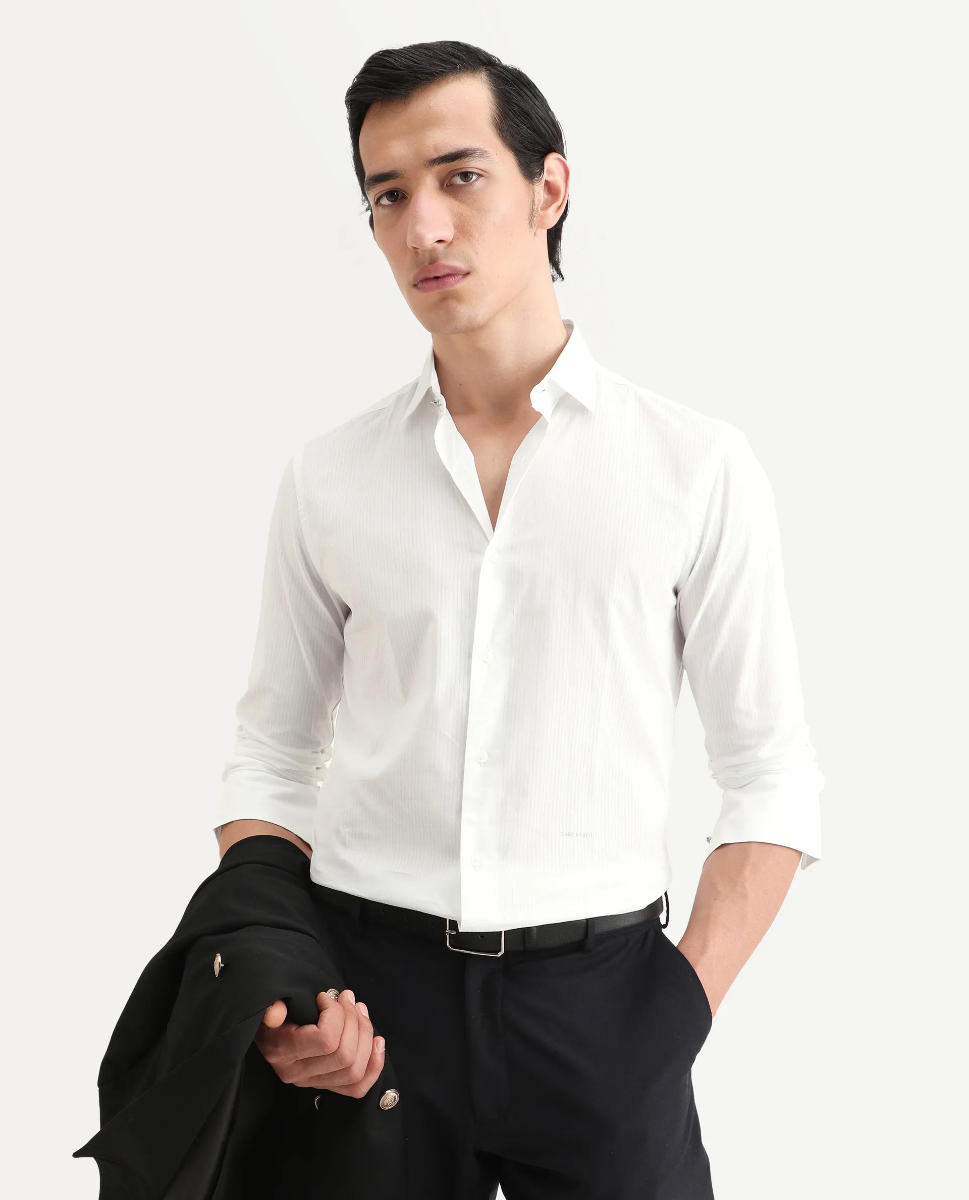 Rare Rabbit Men's Benzin White Cotton Striped Print Regular Fit Full Sleeve Collared Shirt