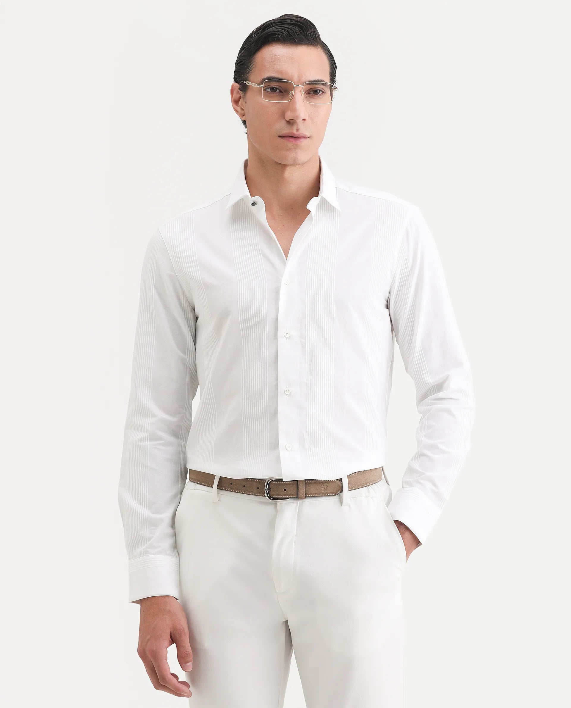 Rare Rabbit Men's Lurtz-1 White Cotton Striped Print Tailored Fit Full Sleeve Spread Collar Shirt