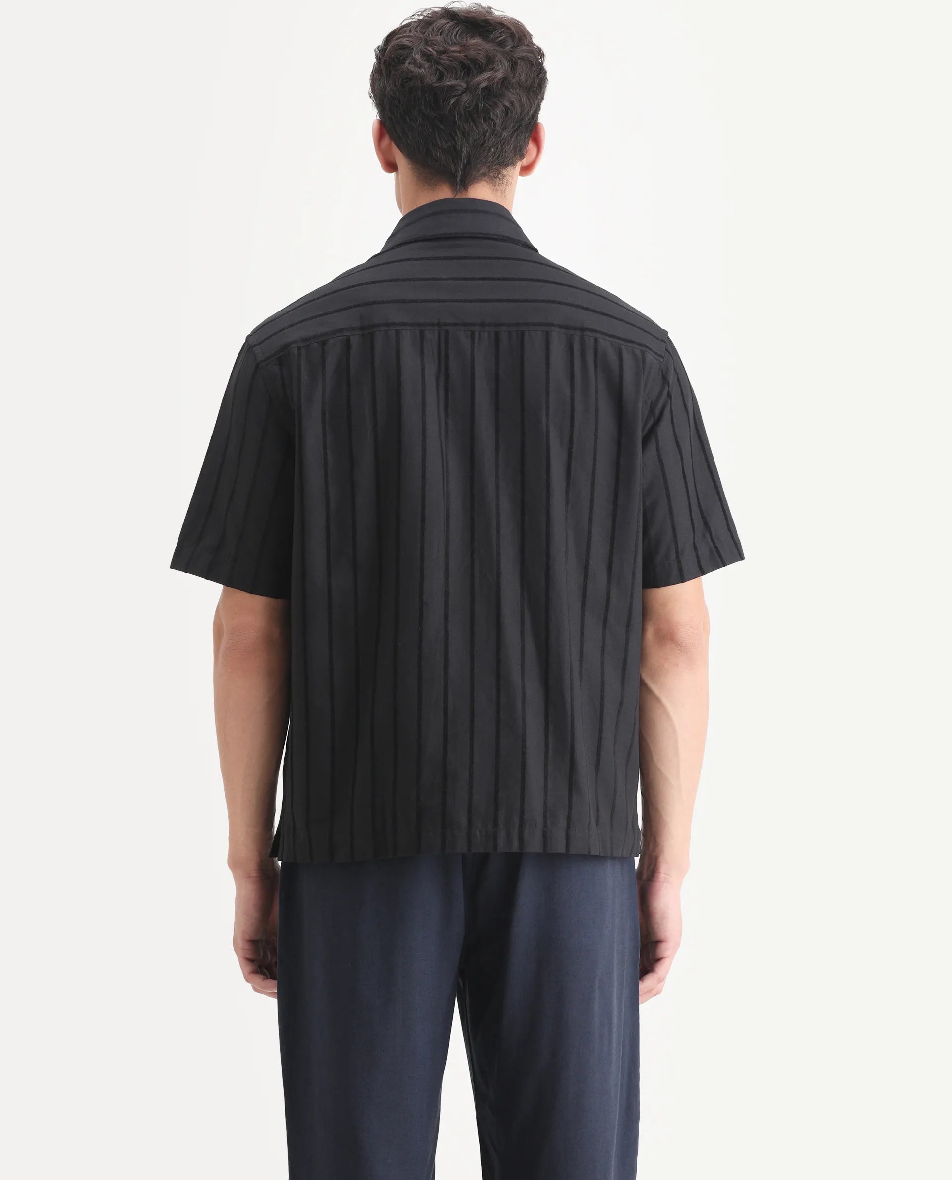 Rare Rabbit Men's Croy Black Polyester Striped Print Boxy Fit Half Sleeve Collared Shirt