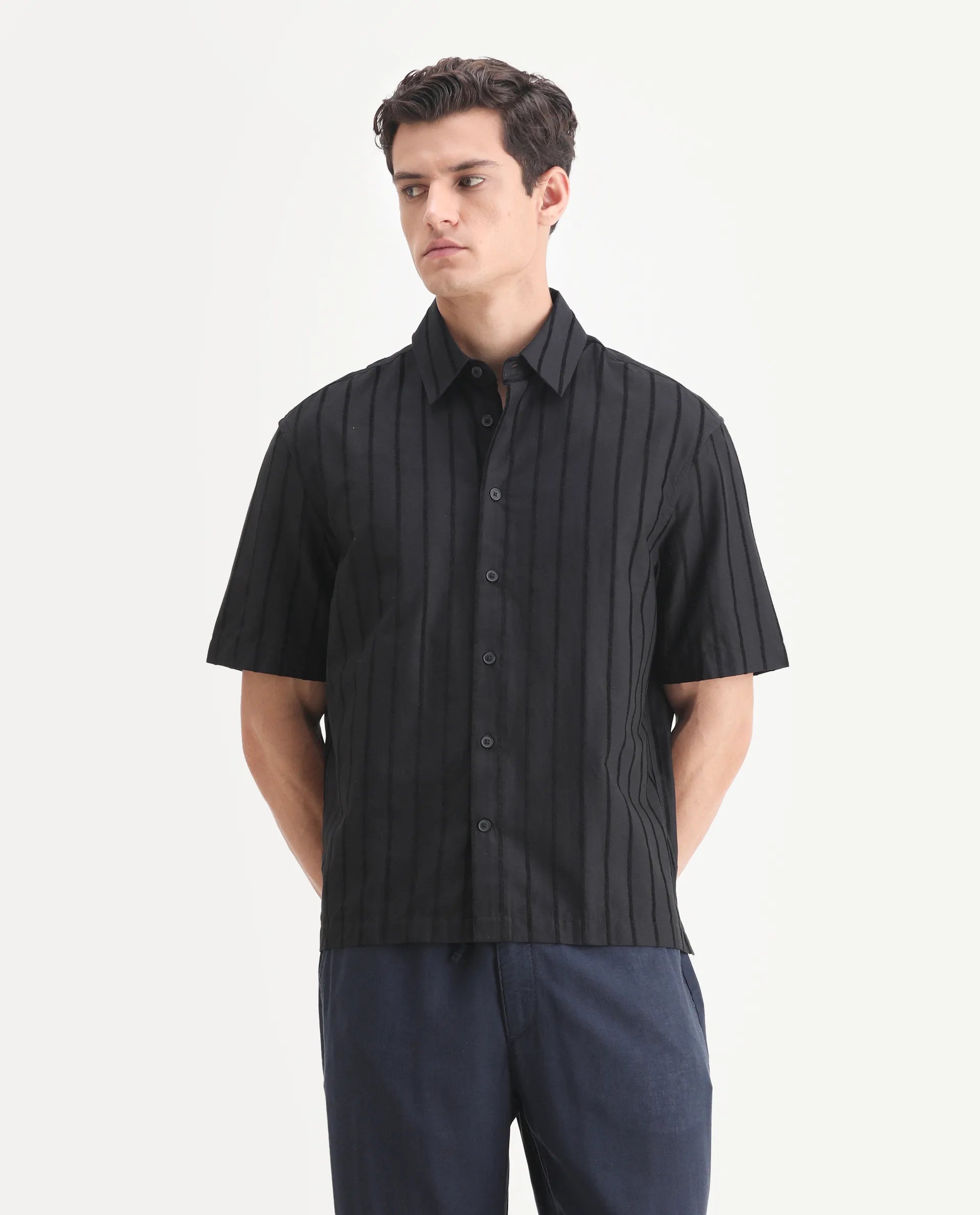 Rare Rabbit Men's Croy Black Polyester Striped Print Boxy Fit Half Sleeve Collared Shirt