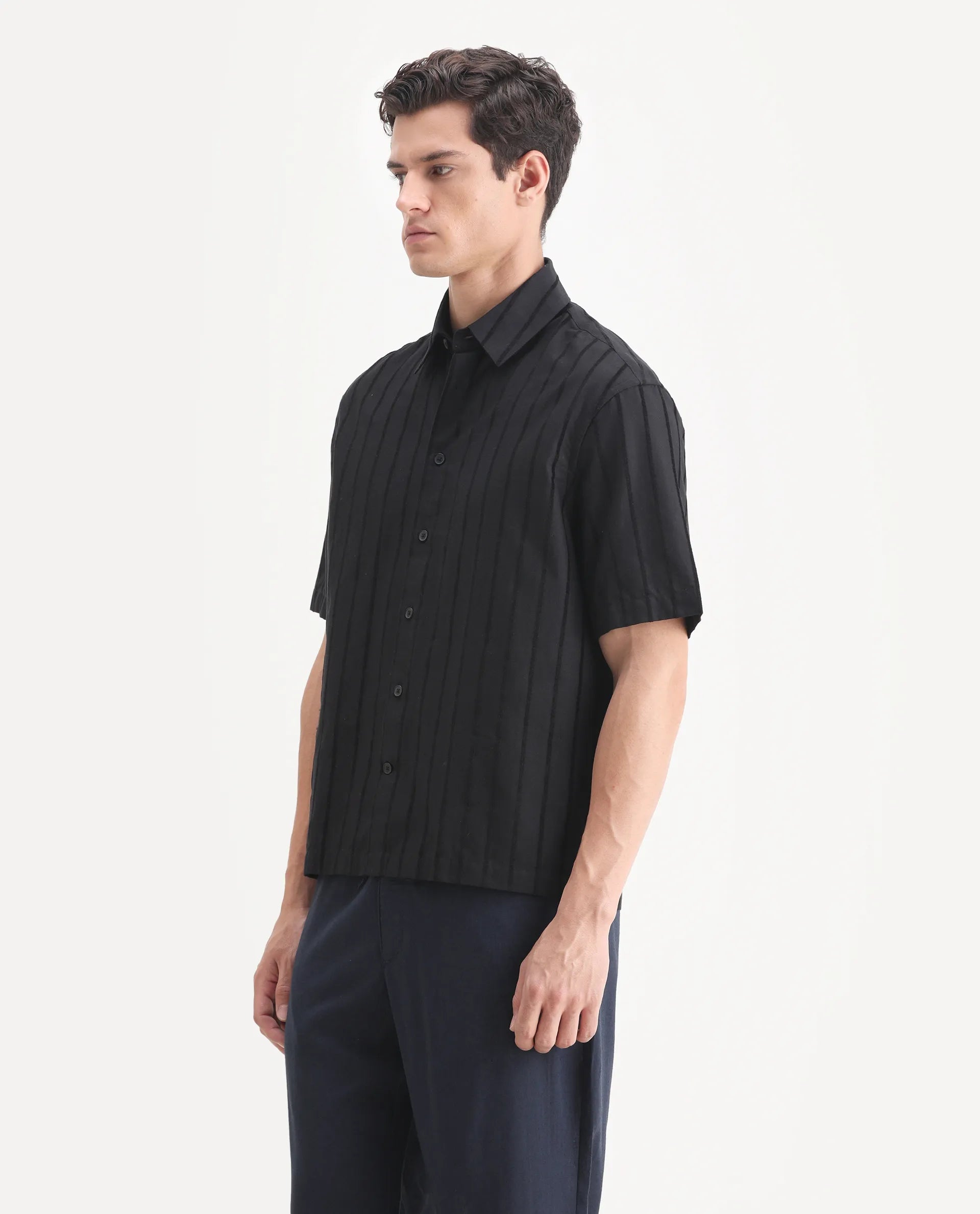 Rare Rabbit Men's Croy Black Polyester Striped Print Boxy Fit Half Sleeve Collared Shirt