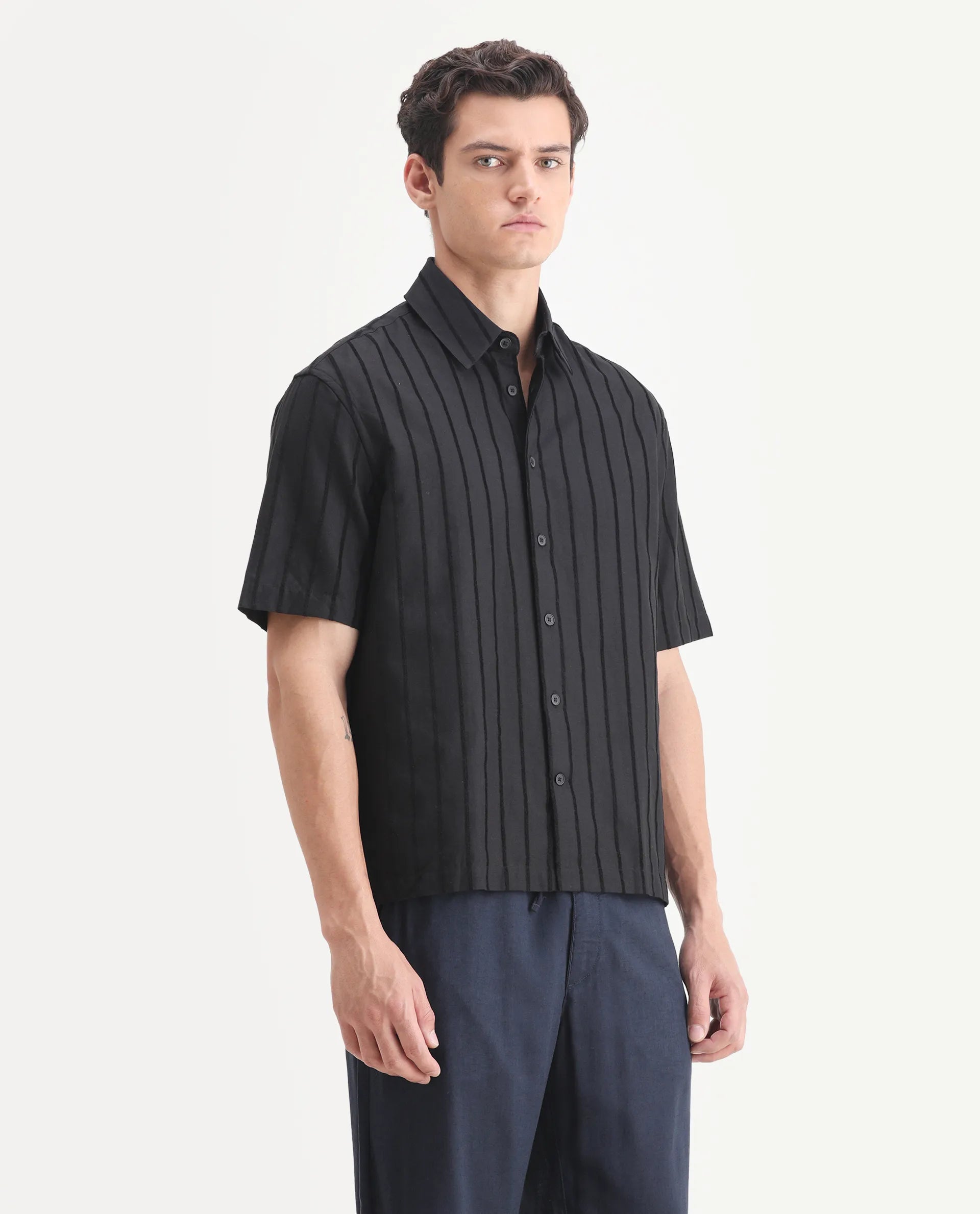 Rare Rabbit Men's Croy Black Polyester Striped Print Boxy Fit Half Sleeve Collared Shirt